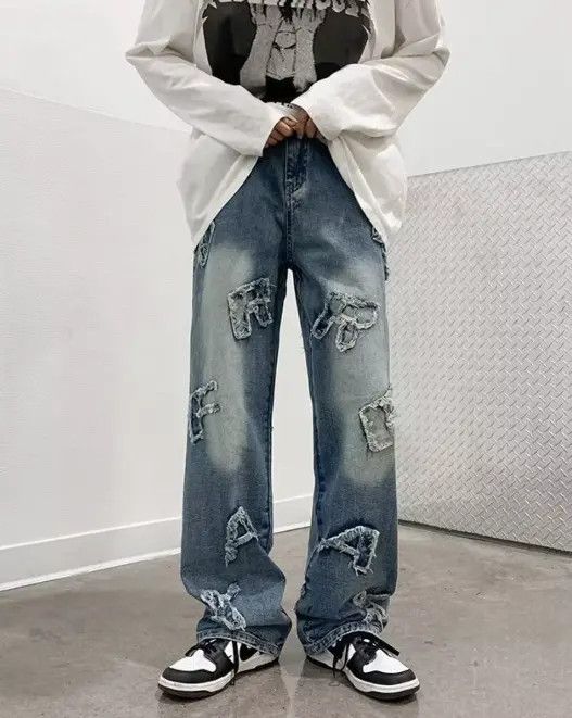 Japanese Brand American high street hiphop loose patch design washed jeans Size US 32 / EU 48 - 1 Thumbnail