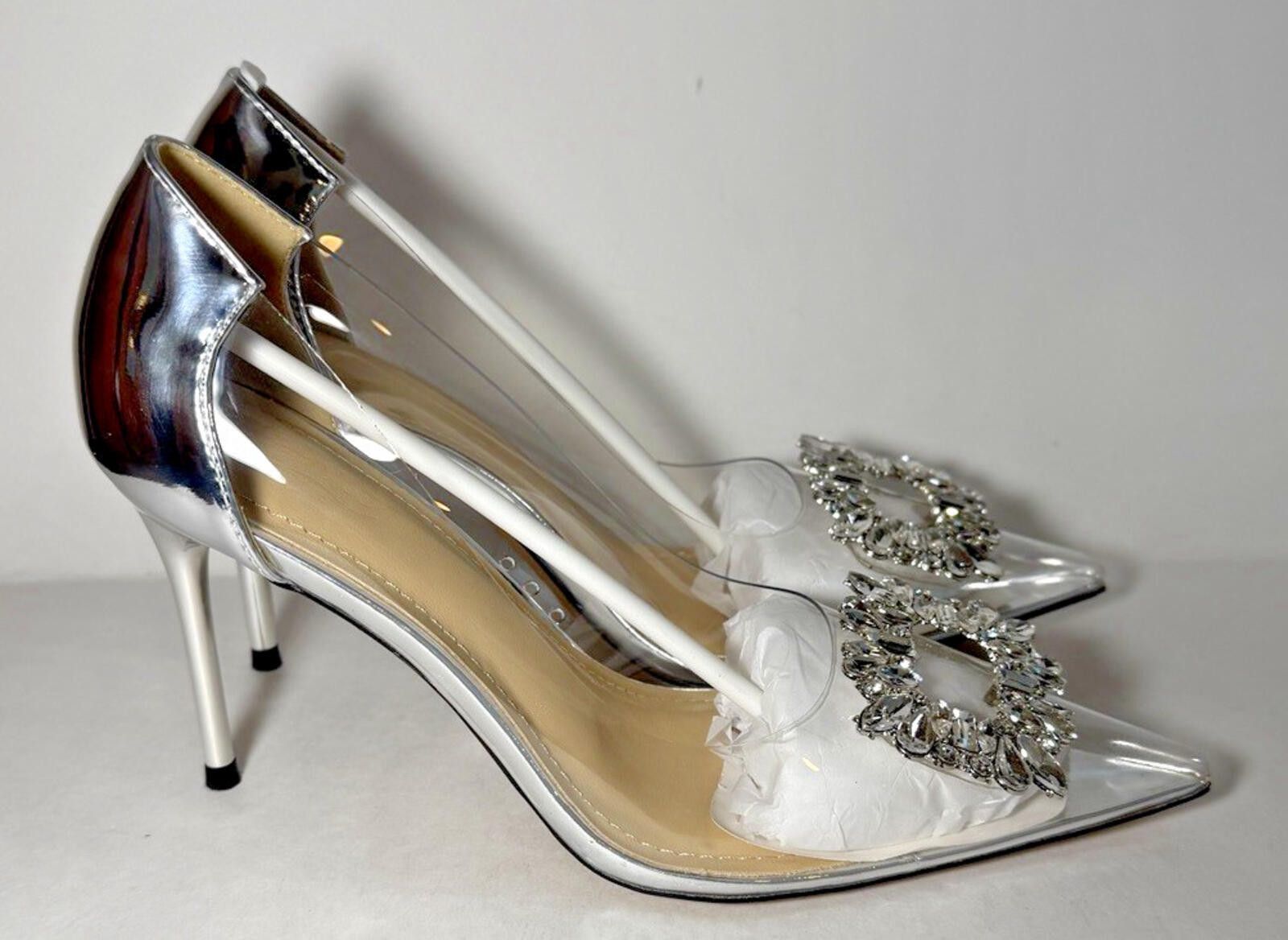 Other LING MEI High Heel Pointy Toe Crystal Buckle Clear Silver Size US 8 / IT 38 - 4 Thumbnail