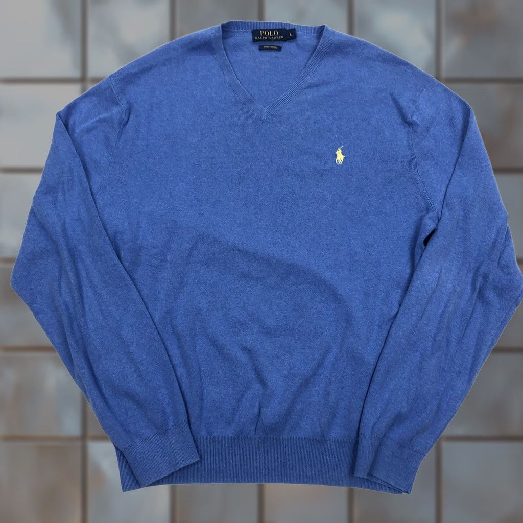 Polo Ralph Lauren Polo Ralph Lauren Polo Ralph Lauren Men's Blue Pima Cotton V-Neck Sweater Large L Pony Sweater? Size US L / EU 52-54 / 3 - 1 Thumbnail