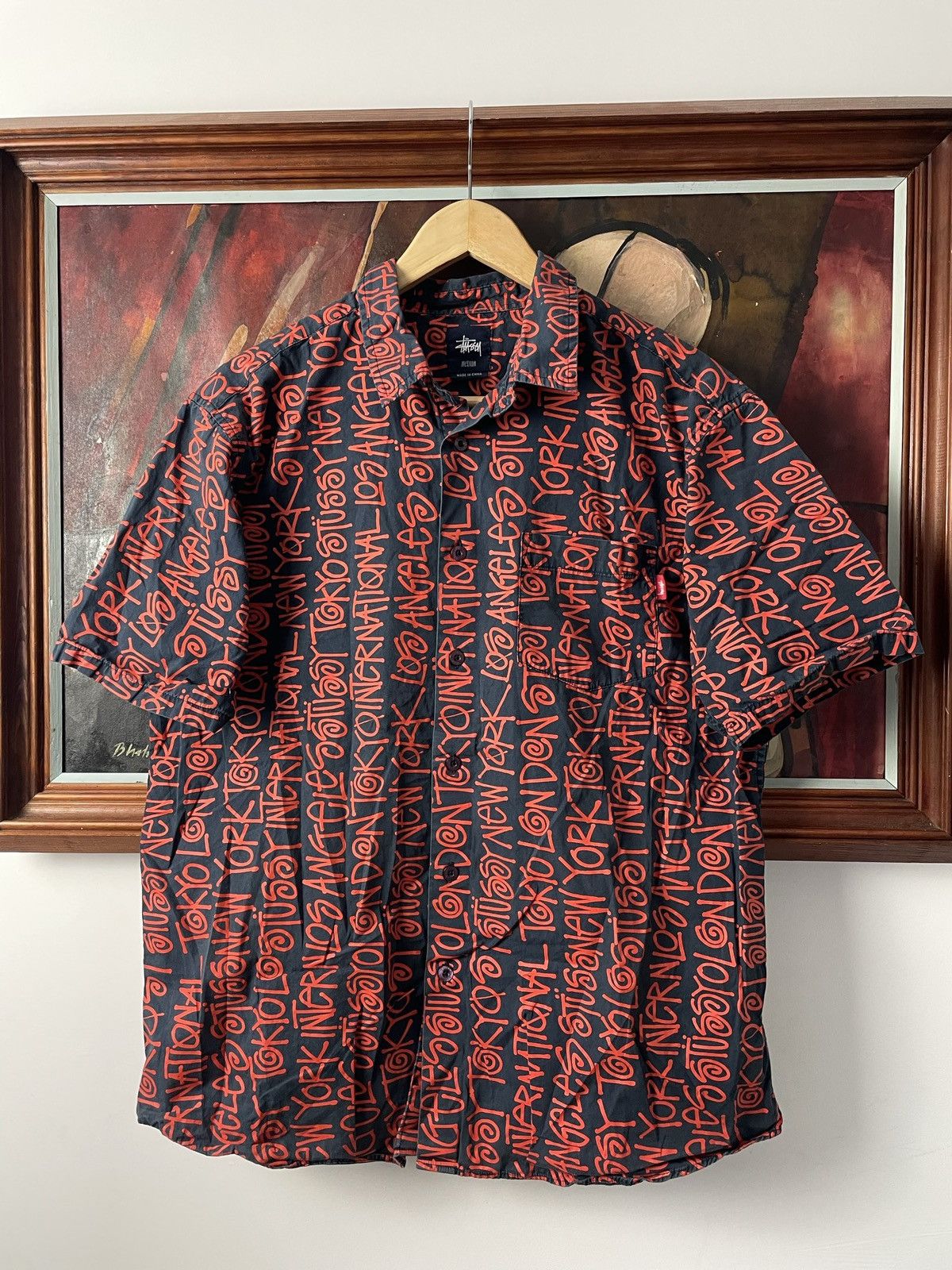 image of Flannel x Stussy Vintage Button Up Shirt Streetwear Fullprint Y2K in Navy Red, Men's (Size Medium)