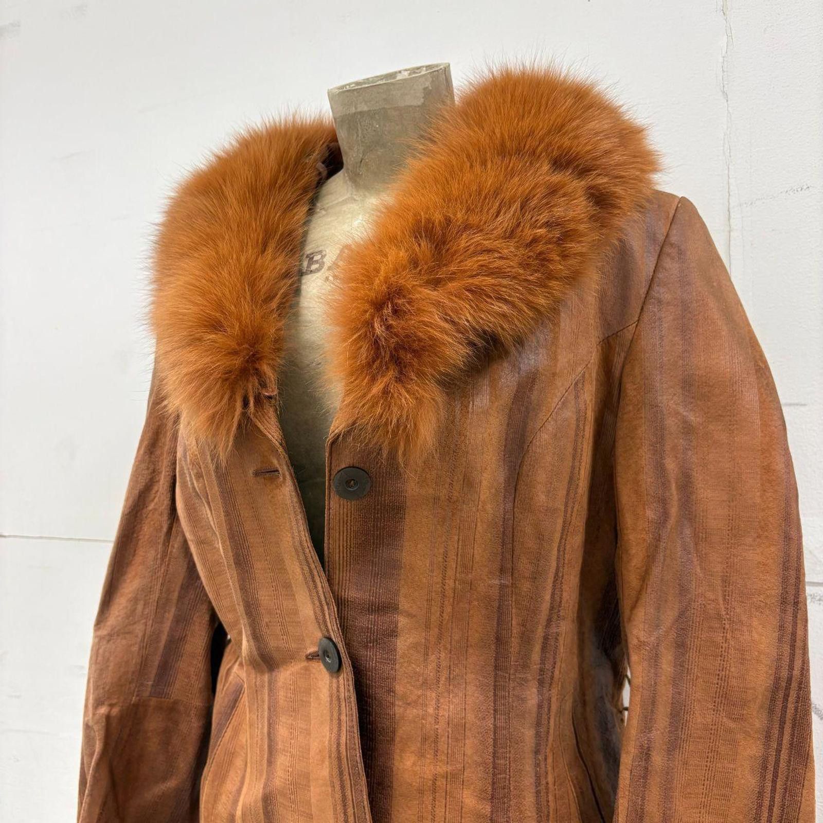 Other Vintage Y2K Cognac Leather & Fox Fur Statement Coat Size M / US 6-8 / IT 42-44 - 2 Thumbnail