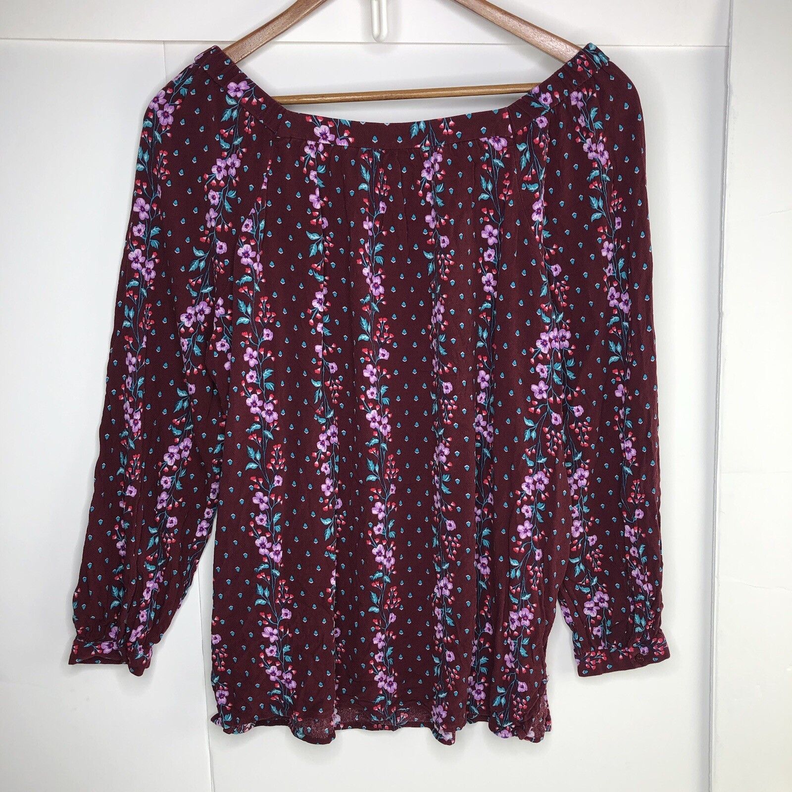 Old Navy Burgundy Old Navy Dark Floral Square Neckline Blouse Sz: L Size L / US 10 / IT 46 - 5 Thumbnail