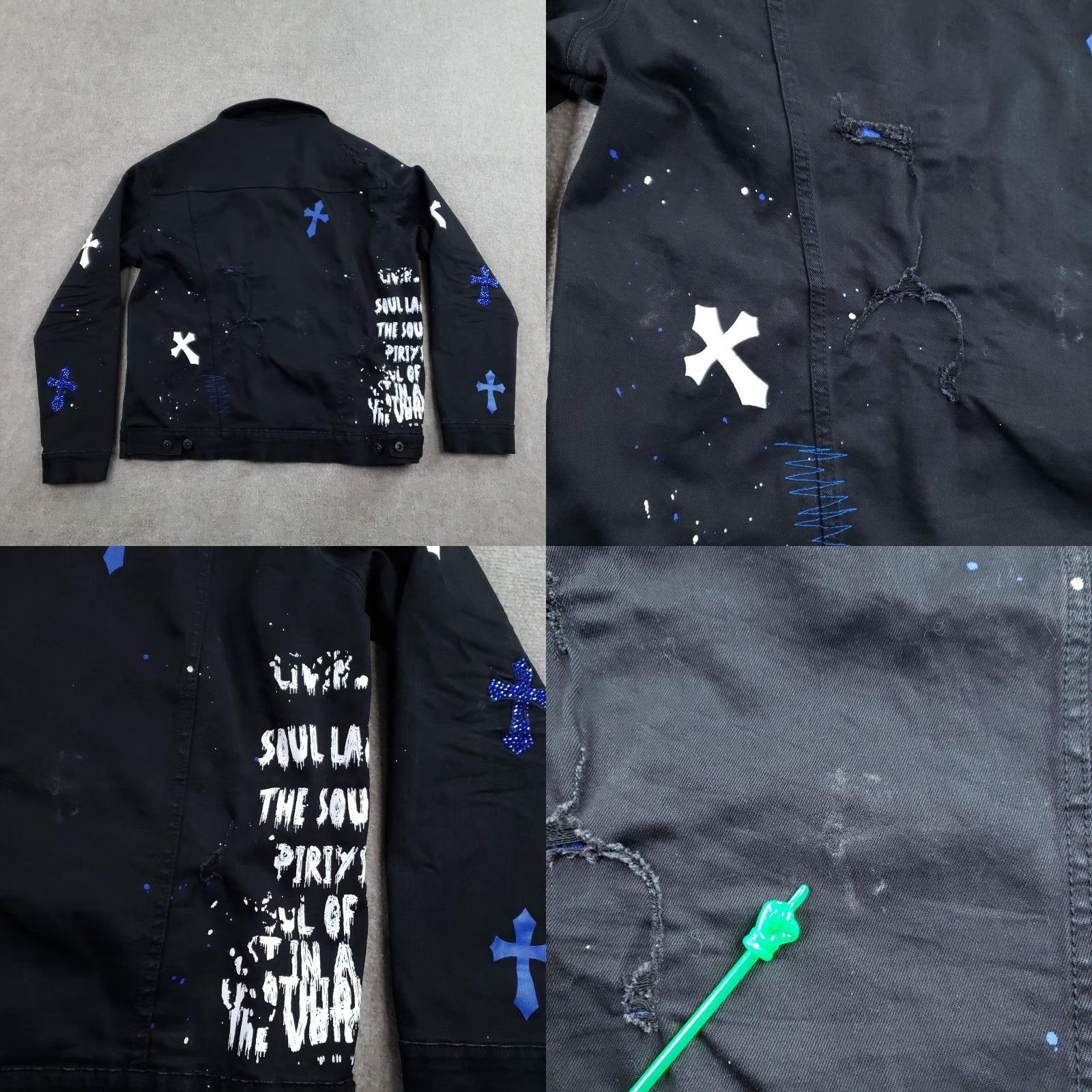 Vintage SmokeRise Jacket Mens Large Black Cross Rhinestone Distressed Paint Splatter Denim Bomber Jacket Size US L / EU 52-54 / 3 - 9 Thumbnail