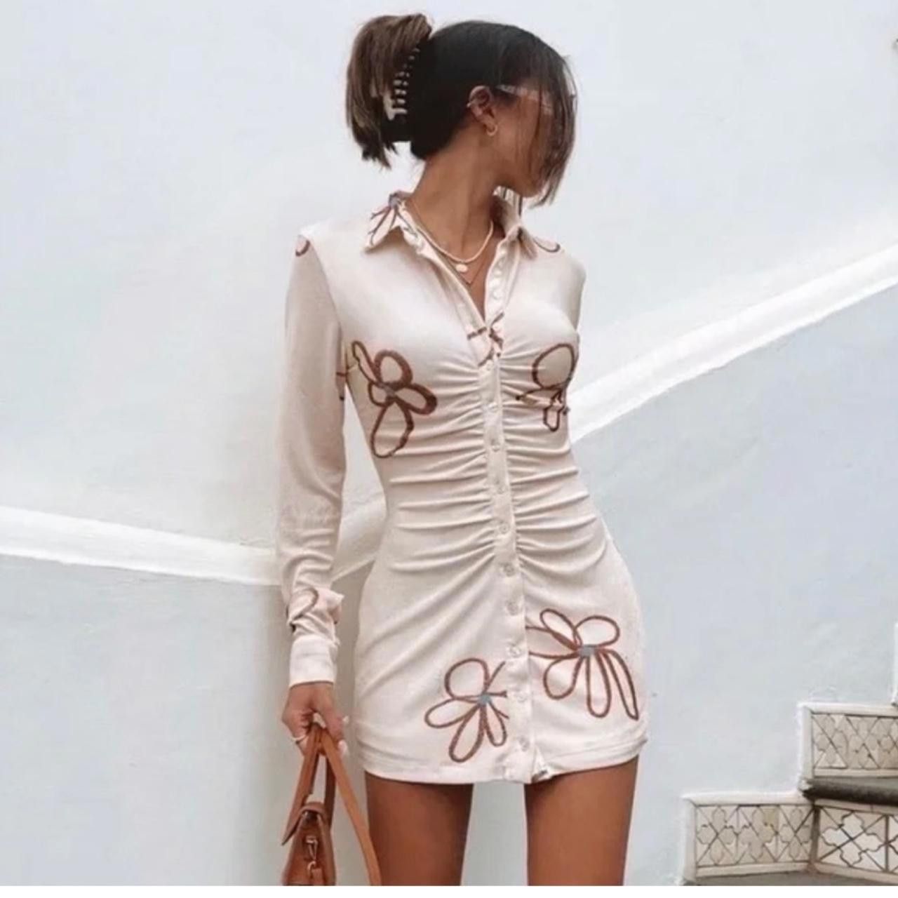 Designer With Jean Andy Button-Down Mini Dress Cream Floral Sz M Size M / US 6-8 / IT 42-44 - 4 Thumbnail
