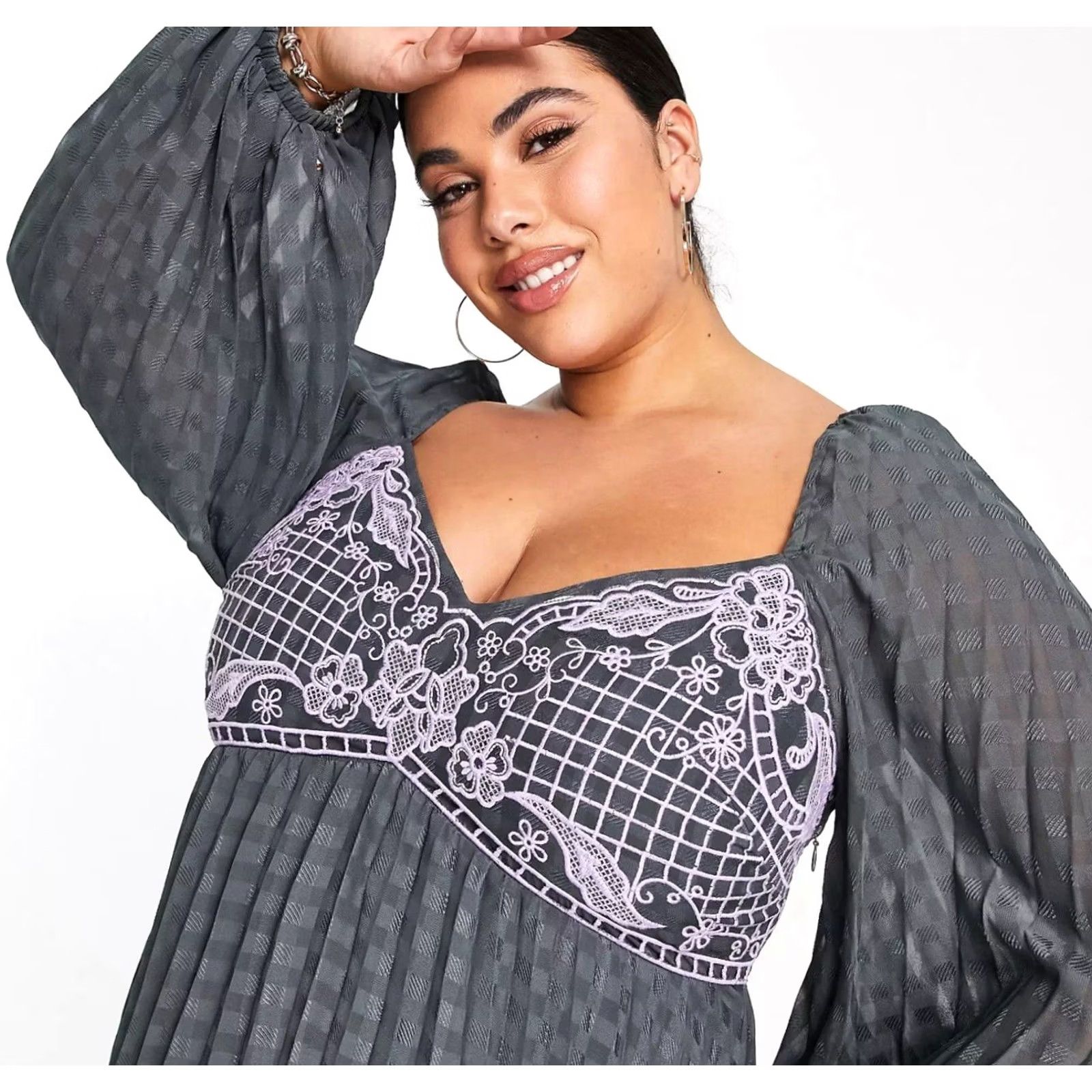 Asos ASOS Dress Womens 12 Gray Embroidered Pleated Lace Long Sleeve Fairy Coquette Whimsigoth Maxi Size XL / US 12-14 / IT 48-50 - 7 Thumbnail