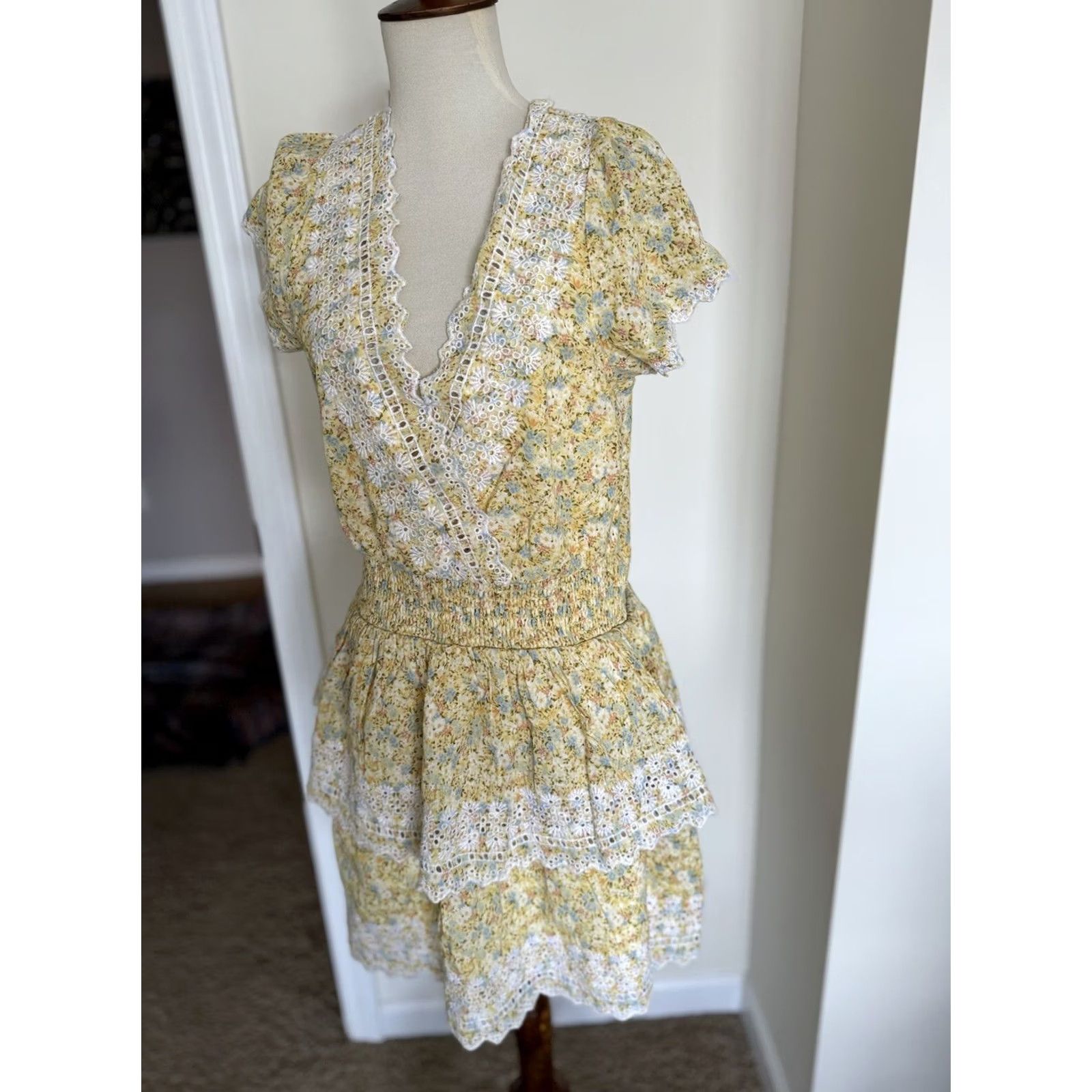 American Eagle Outfitters American Eagle Women's Floral Ruffle Tiered Mini Dress Yellow Med Size M / US 6-8 / IT 42-44 - 2 Thumbnail