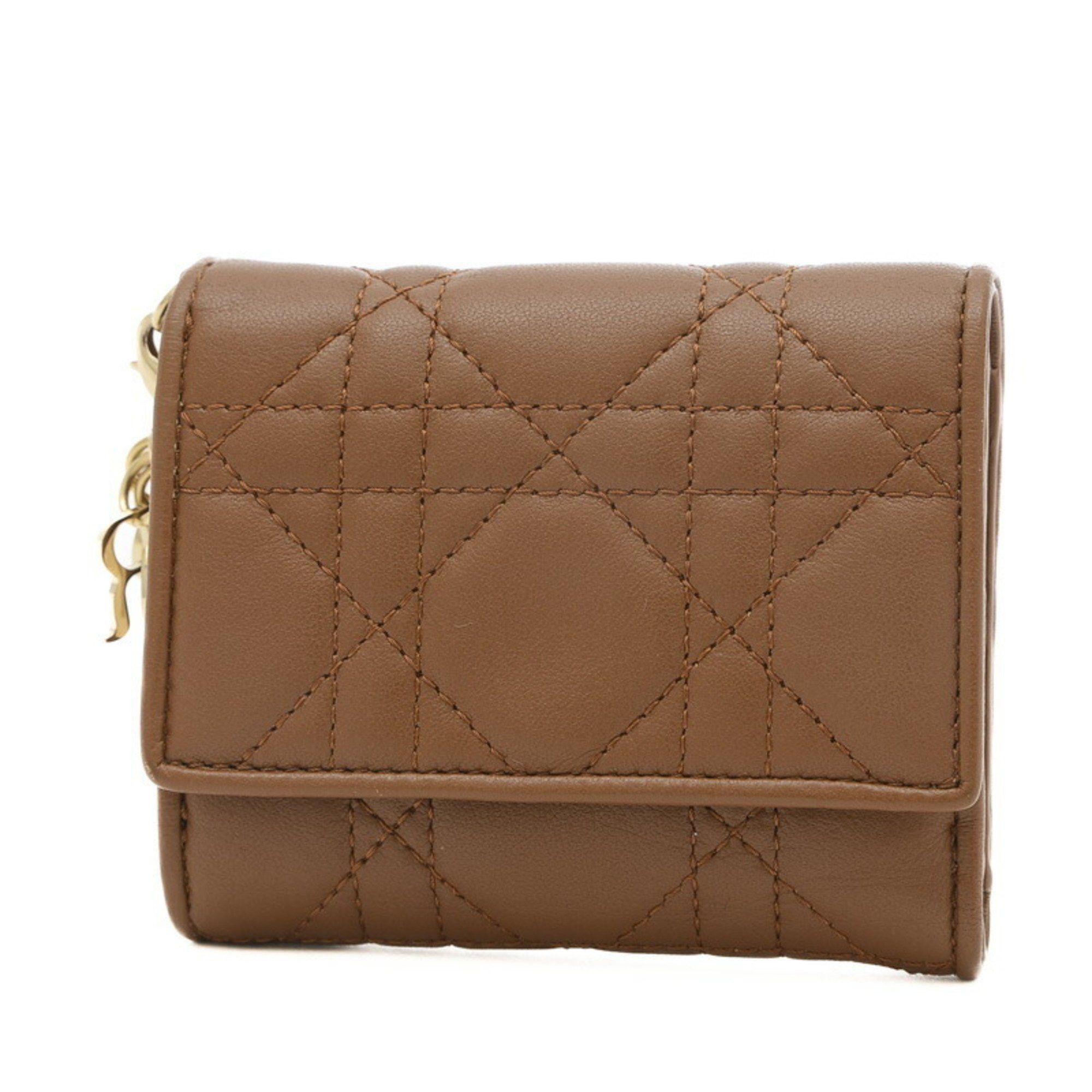 image of Christian Dior Dior Lady Cannage Lotus Wallet Trifold Lambskin Brown, Women's