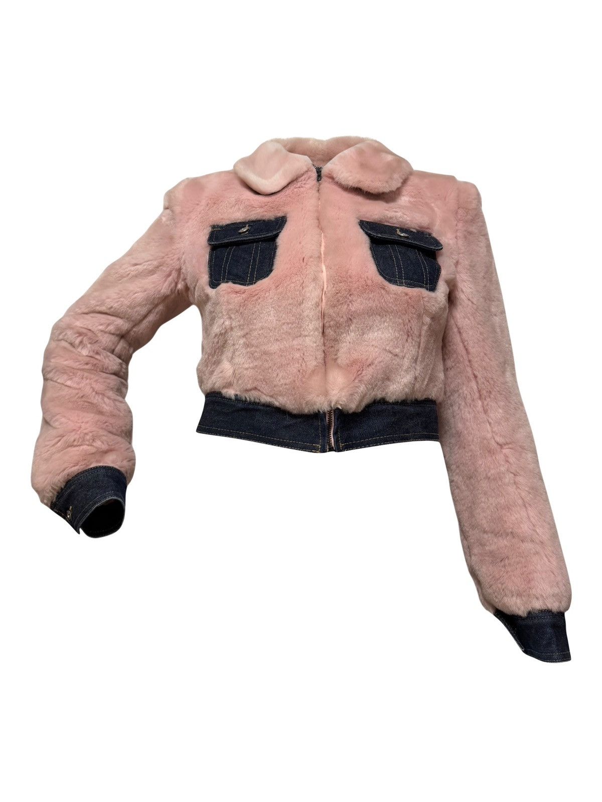 Dolce & Gabbana D&G Fall Winter 1999 Pink Fur & Denim Cropped Jacket Size XS / US 0-2 / IT 36-38 - 1 Thumbnail