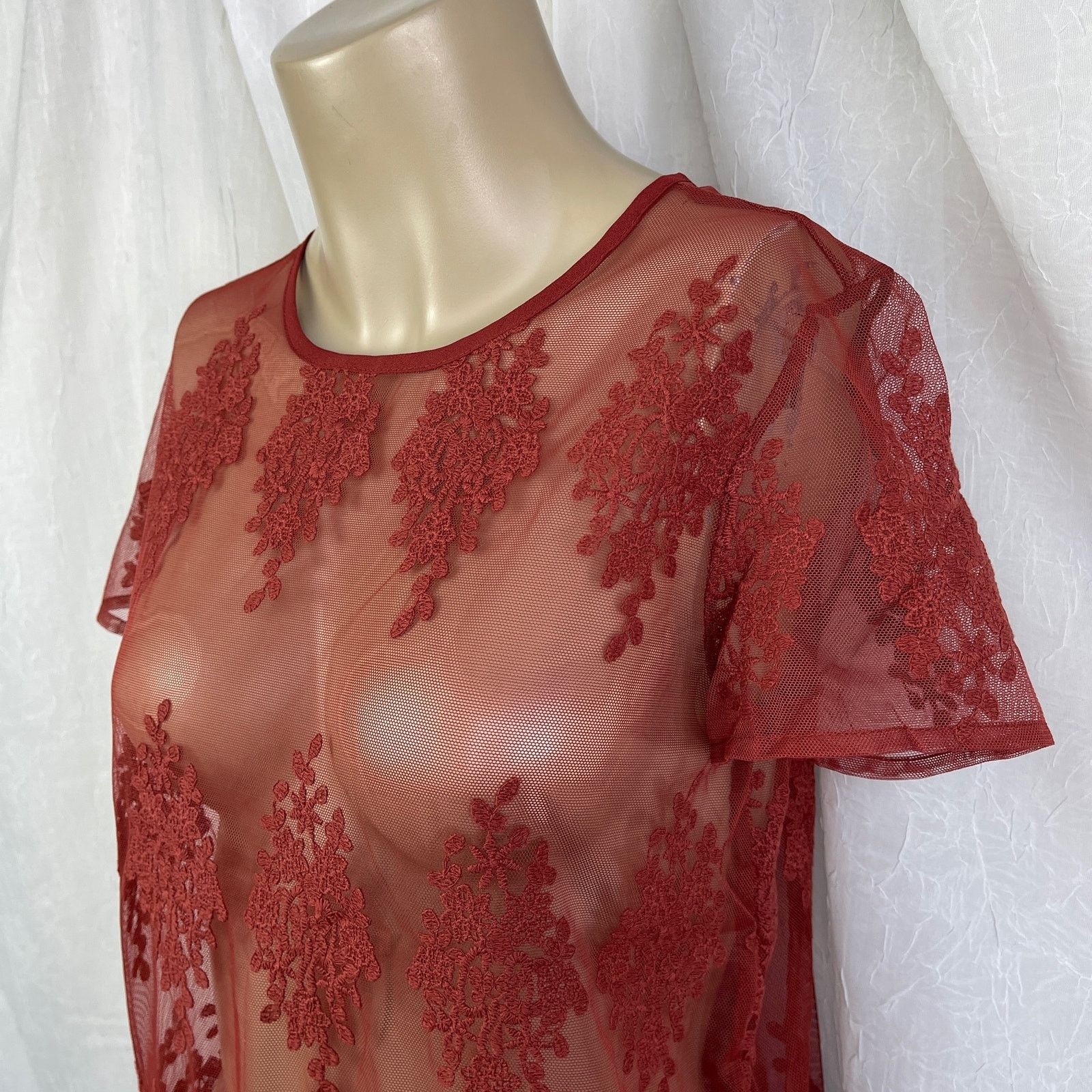 Forever 21 Rust Sheer Mesh Lace T Shirt Scalloped Hem Forever 21 Small Size S / US 4 / IT 40 - 4 Thumbnail