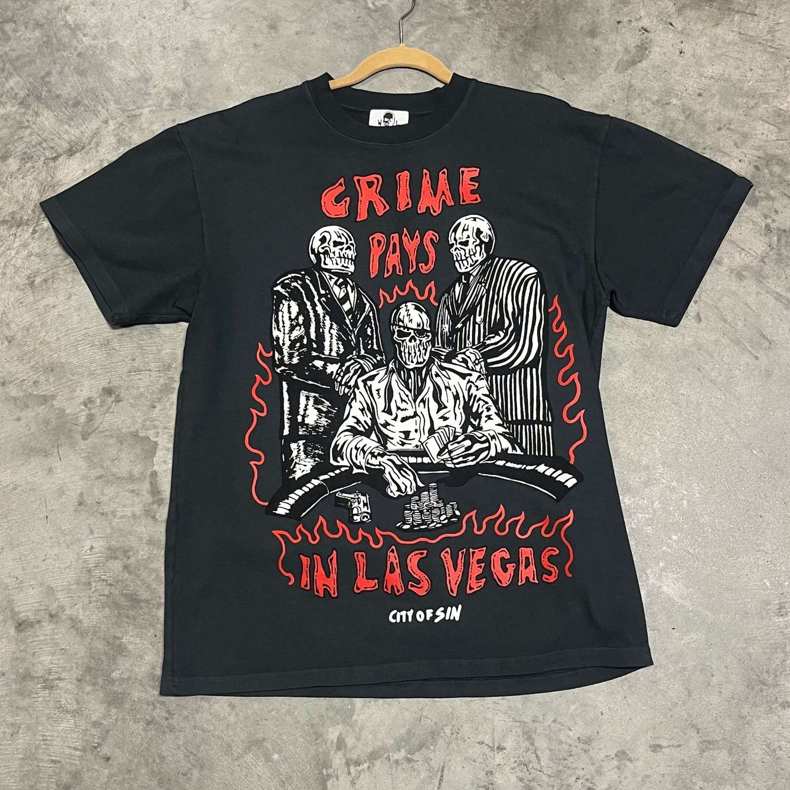 image of Warren Lotas Crime Pays T-Shirt in Black, Men's (Size Medium)