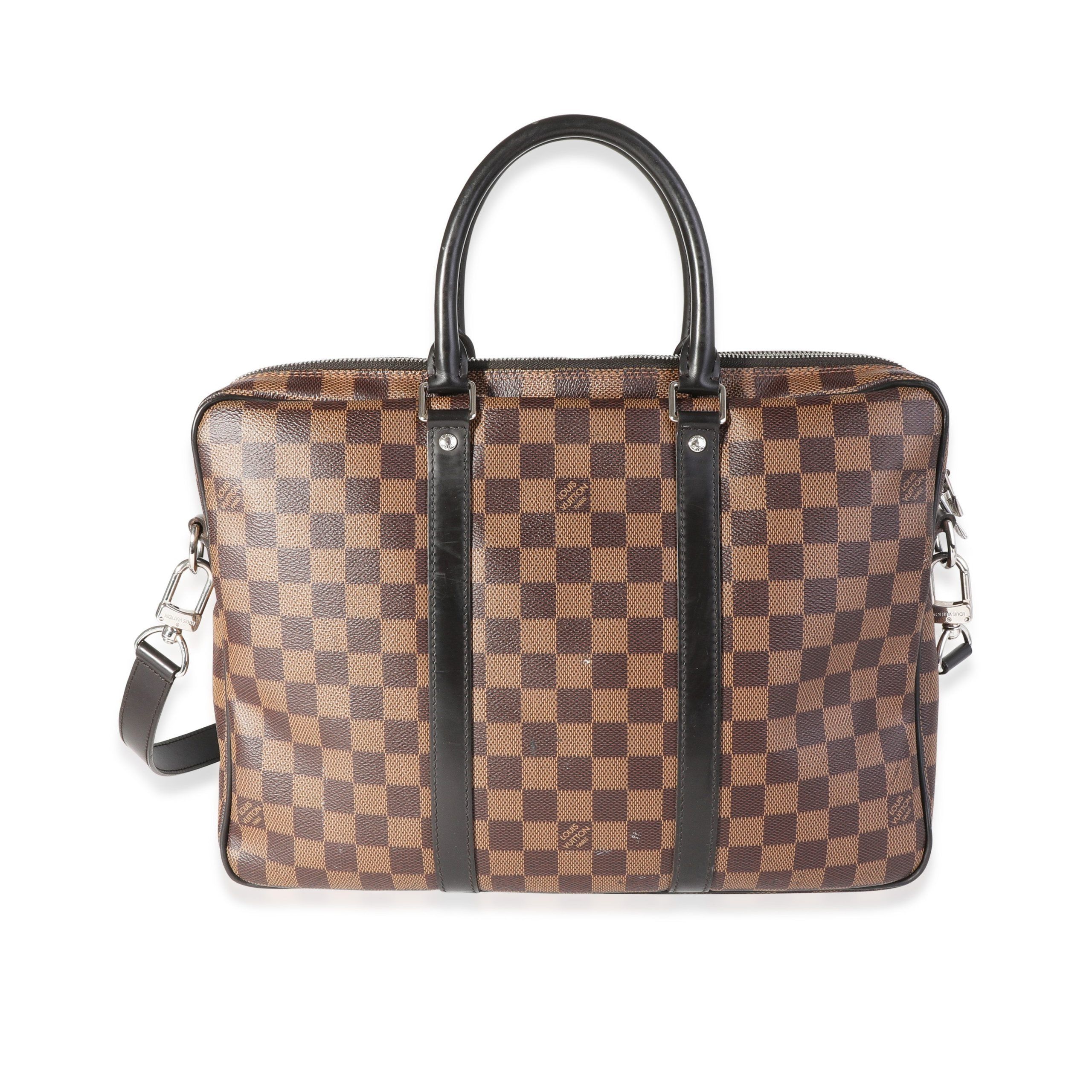 image of Louis Vuitton Damier Ebene & Black Leather Porte-Documents Voyage Pm in Brown, Women's
