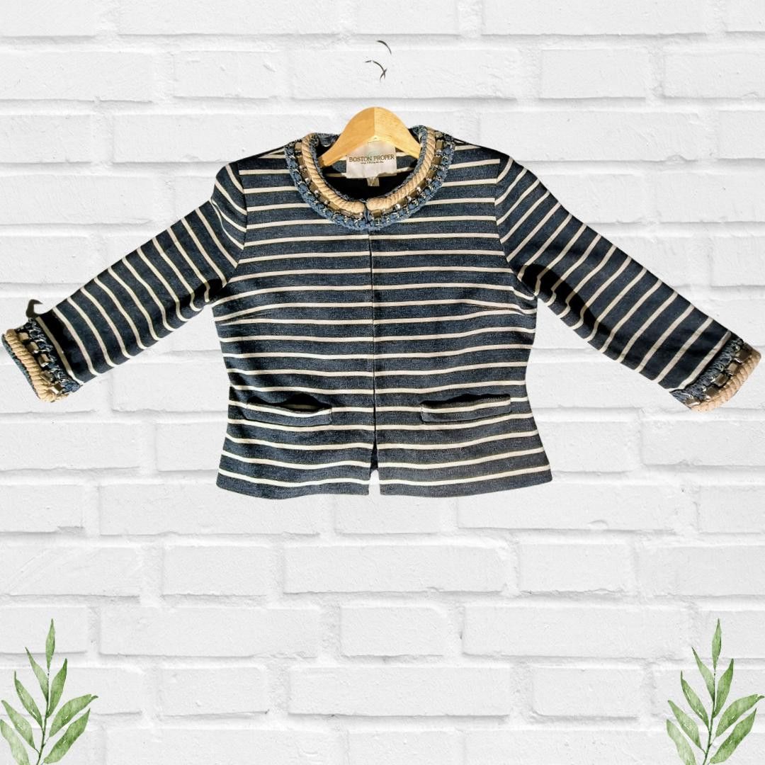 Designer Boston Proper Women's Striped Chain Jewel Blazer Size 8 Size M / US 6-8 / IT 42-44 - 6 Thumbnail