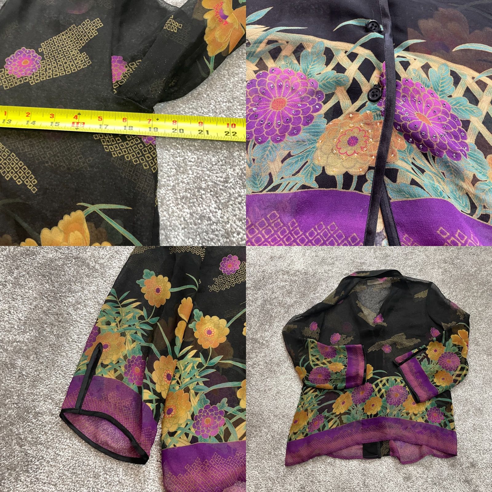 Vintage Chadwick's Blouse Button Up Top Womens M Black Purple Sheer Tropical Floral Size M / US 6-8 / IT 42-44 - 8 Thumbnail