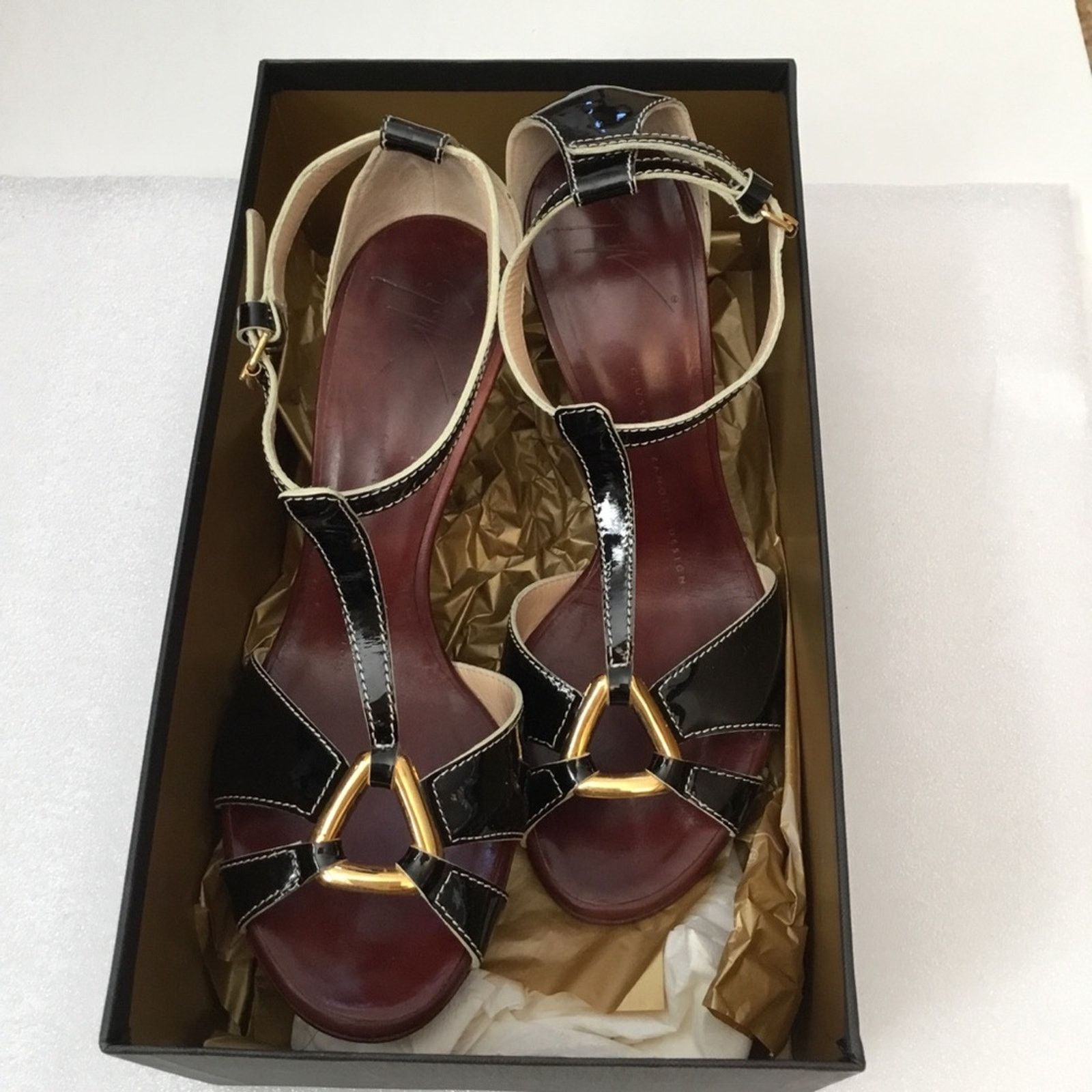 image of Giuseppe Zanotti Burgundy T-Strap Heel Shoes Sandals in Red, Women's (Size 6)