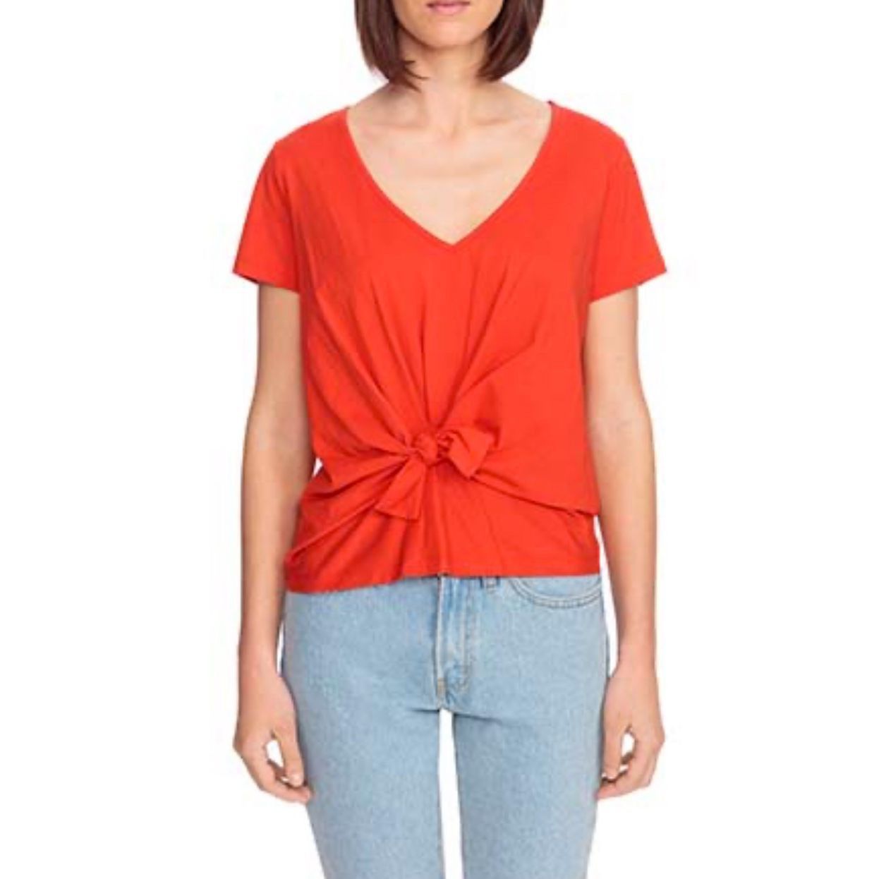 Sezane Sézane Cloe Red/orange V-neck short-sleeve top front knot s Size S / US 4 / IT 40 - 1 Thumbnail