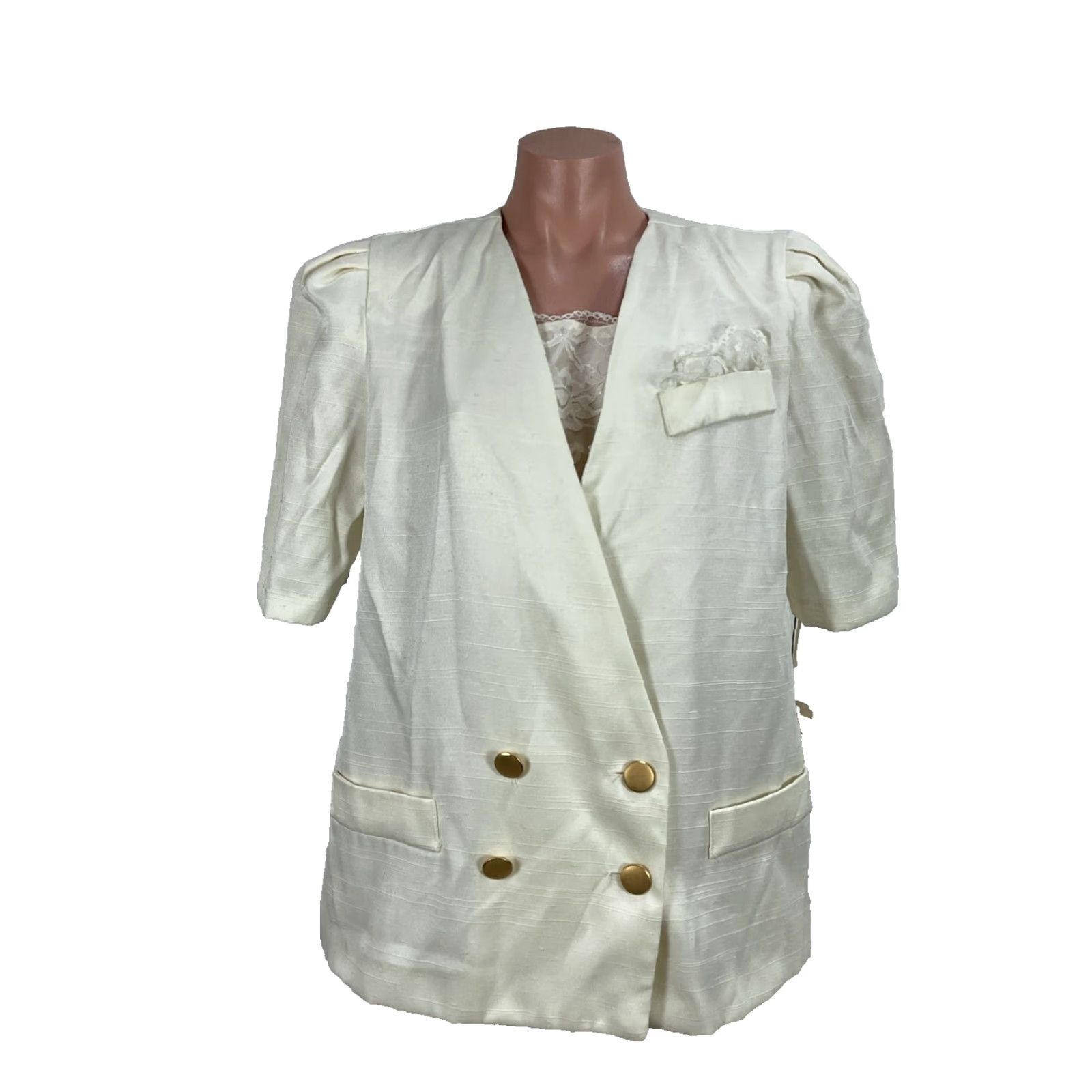 VINTAGE LORAC ORIGINAL Skirt Suit Womens 14 Ivory Linen Like Puffy Shoulder UNIONMADE Secretary/Geek 1980s
