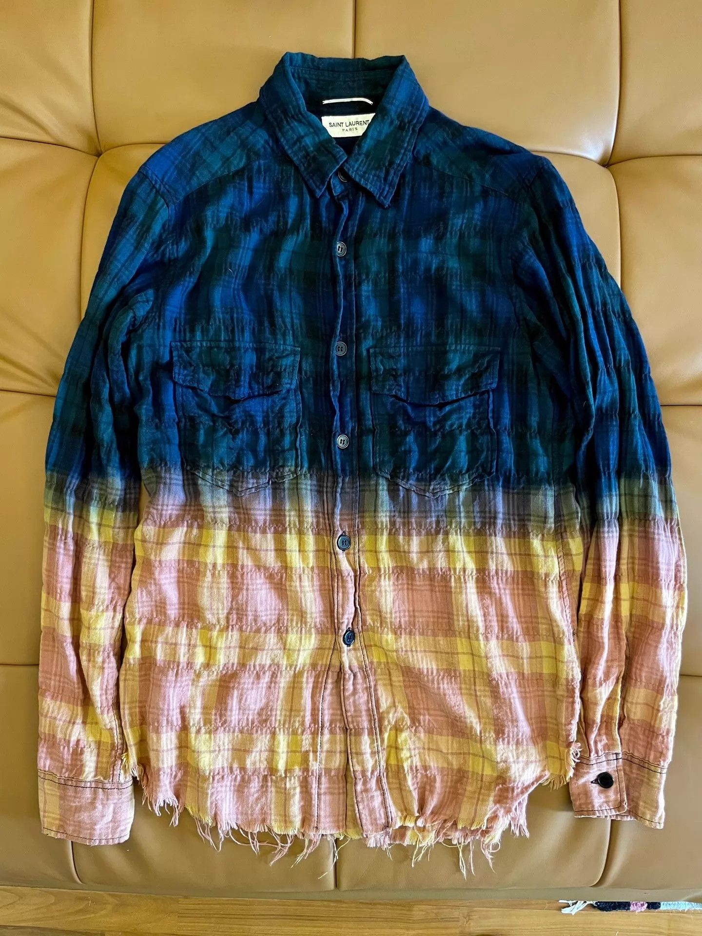 Yves Saint Laurent YSL 16ss red blue tie-dye distressed plaid shirt xs Size US XS / EU 42 / 0 - 1 Thumbnail