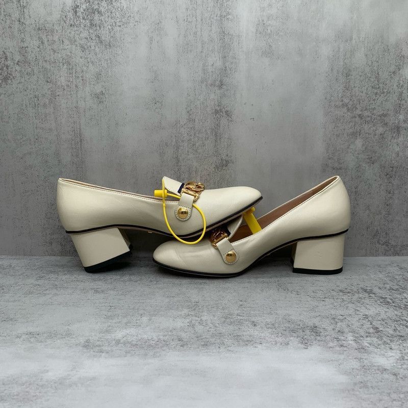 Gucci Gucci Sylvie Beige Leather Chunky Heels Size US 5 / IT 35 - 3 Thumbnail