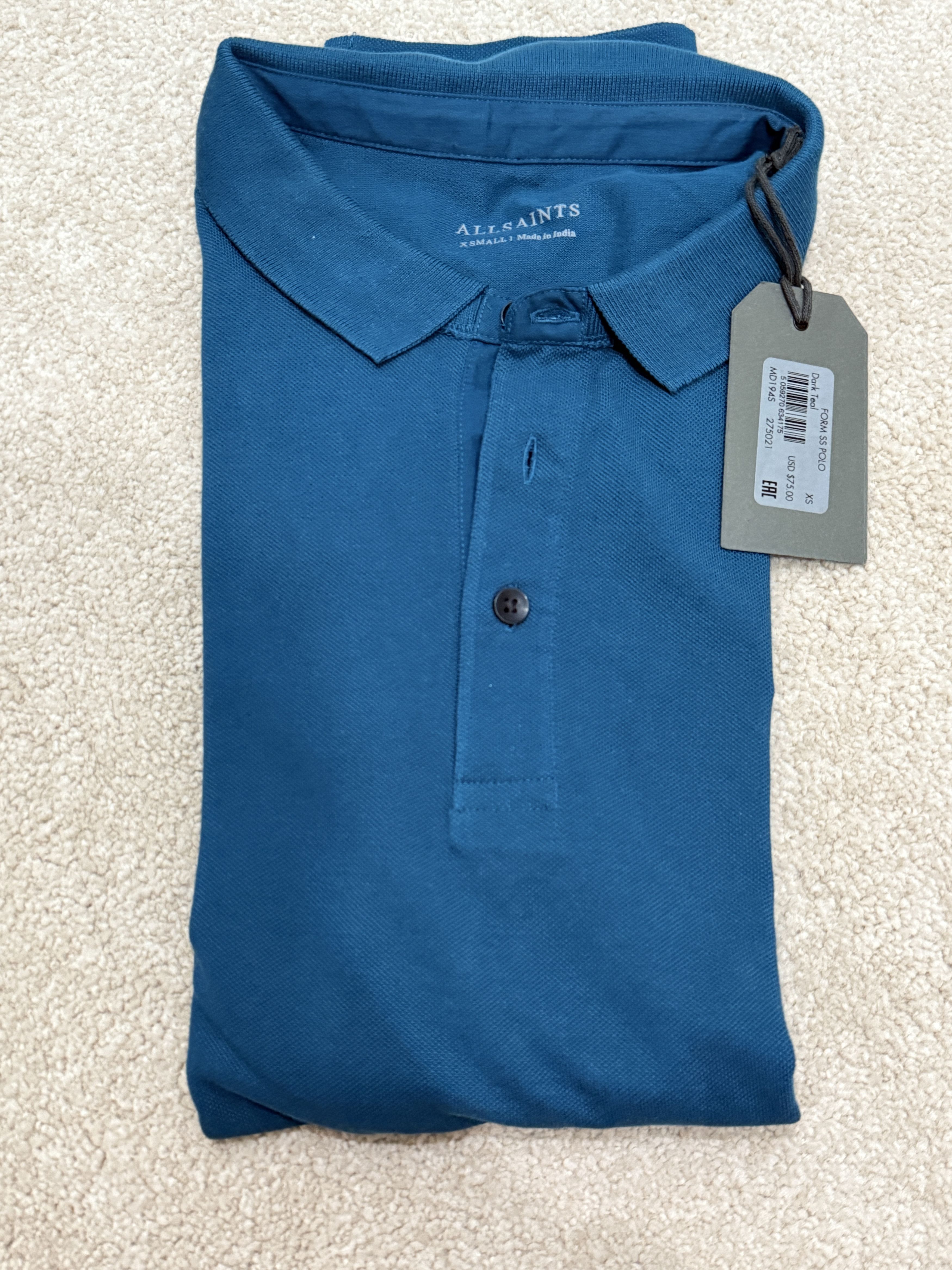 Allsaints Men's All Saint Form Short Sleeve Dark Teal Polo in Size XS Size US XS / EU 42 / 0 - 5 Thumbnail