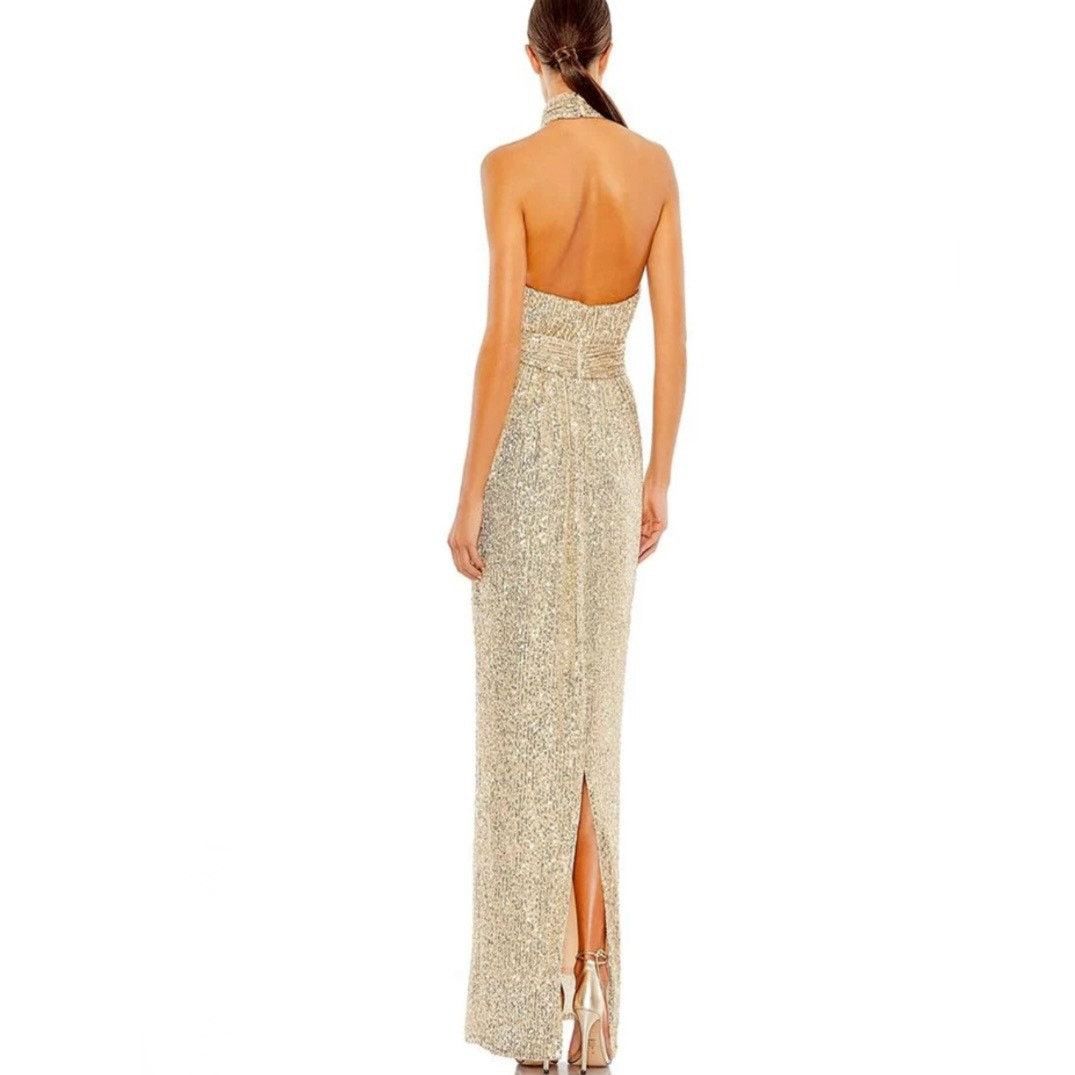 MACH & MACH Mac Duggal Gold Halter Neck Belted Soft Tie Gown size 14 BB Size L / US 10 / IT 46 - 5 Thumbnail