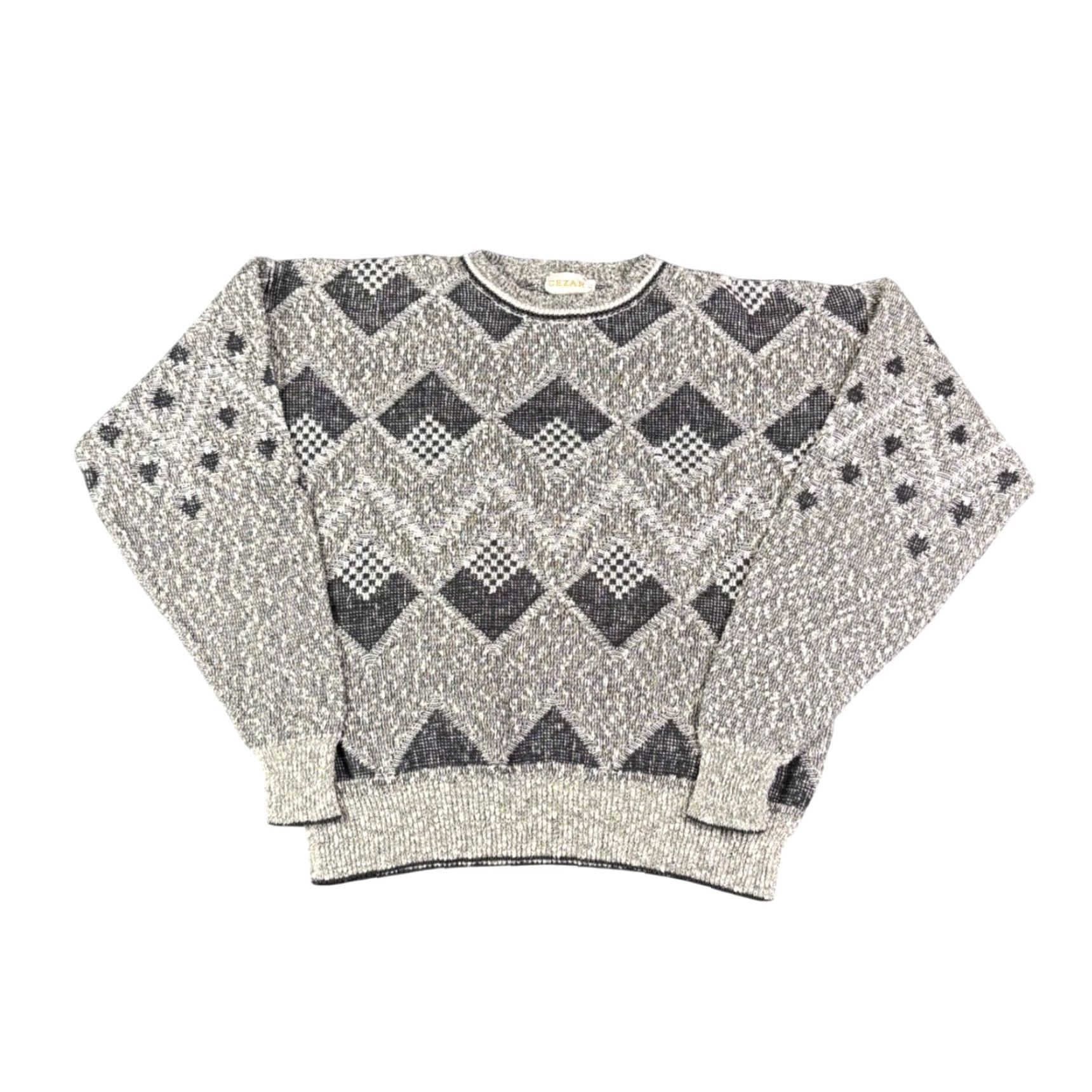 Vintage VINTAGE CEZAR Men's Geometric Pattern Knit Sweater L 90s Gray Crew Neck Pullover Tight-Knit Graphic Print Casual Winter Fall Size US L / EU 52-54 / 3 - 2 Thumbnail