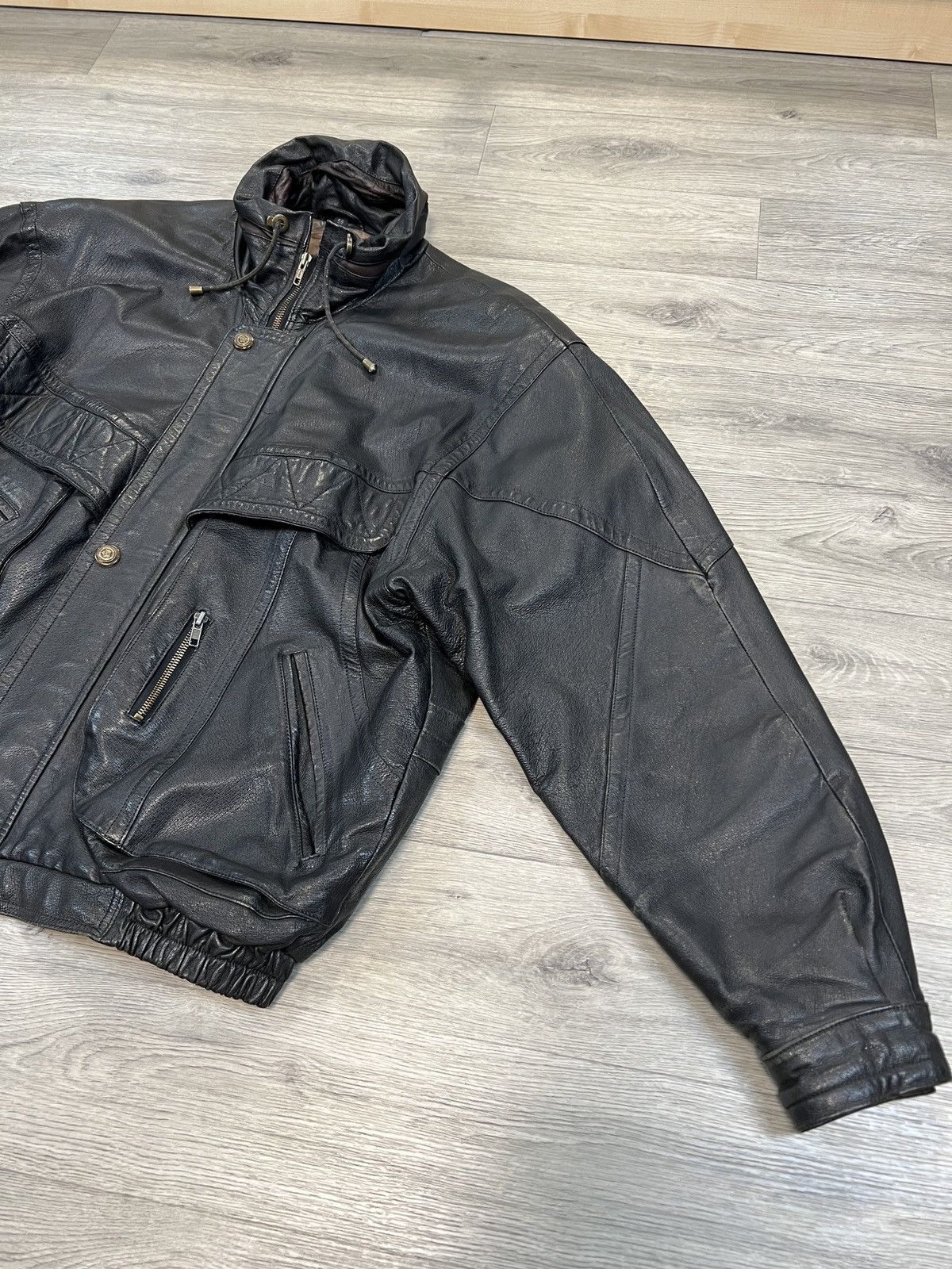 Leather True Vintage 80s Distressed Black Leather Bomber Jacket Size US XXL / EU 58 / 5 - 4 Thumbnail
