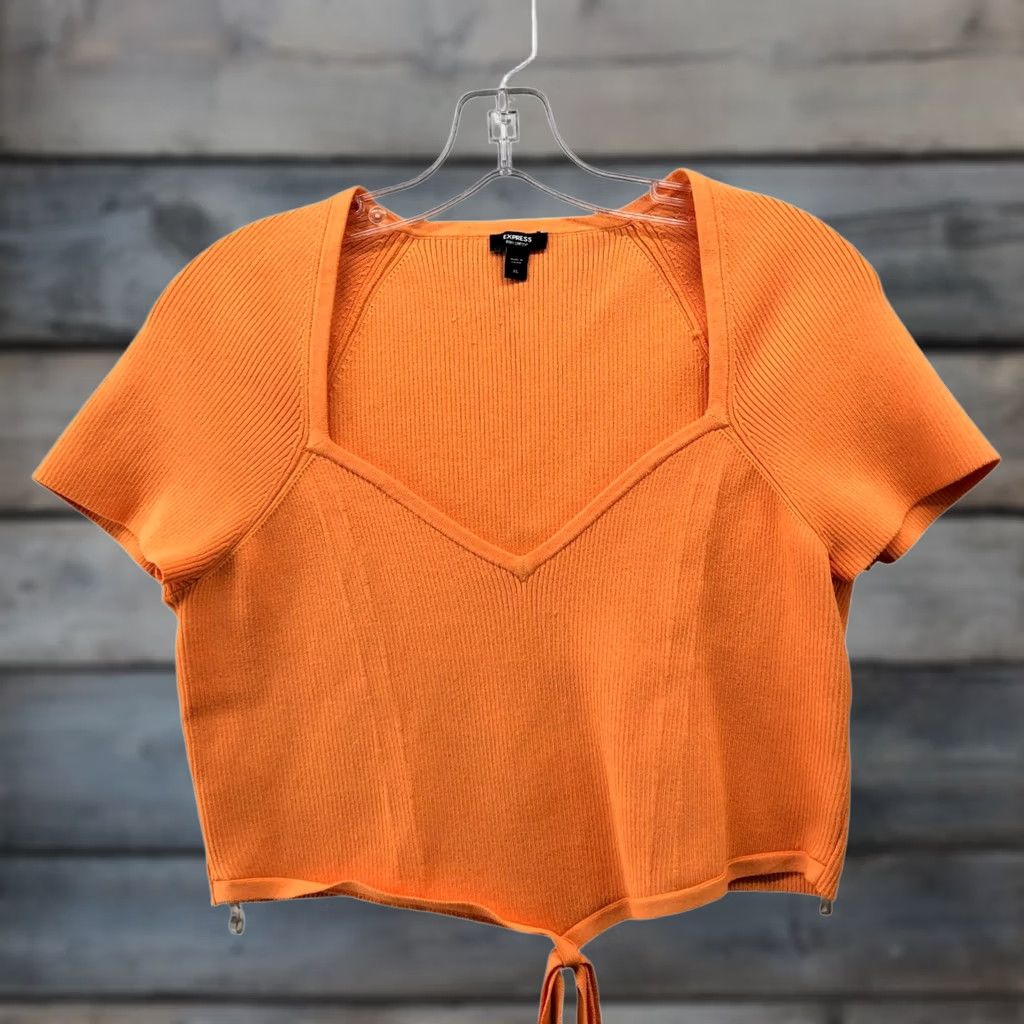 Express Express Body Contour Crop Top Womens XL Orange Tie Waist Short Sleeve Knit Size XL / US 12-14 / IT 48-50 - 1 Thumbnail