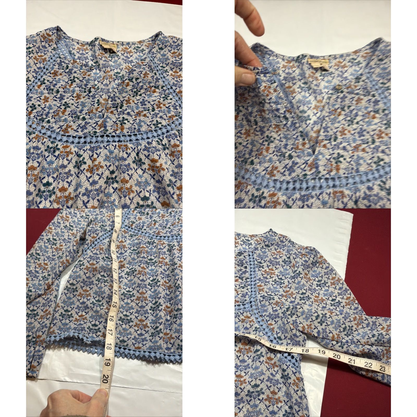 Vintage Holding Horses Blouse Women's Sz 8 Cropped Blue Floral Lace Crochet Long Sleeve Bohemian V Neck Top Size M / US 6-8 / IT 42-44 - 8 Thumbnail