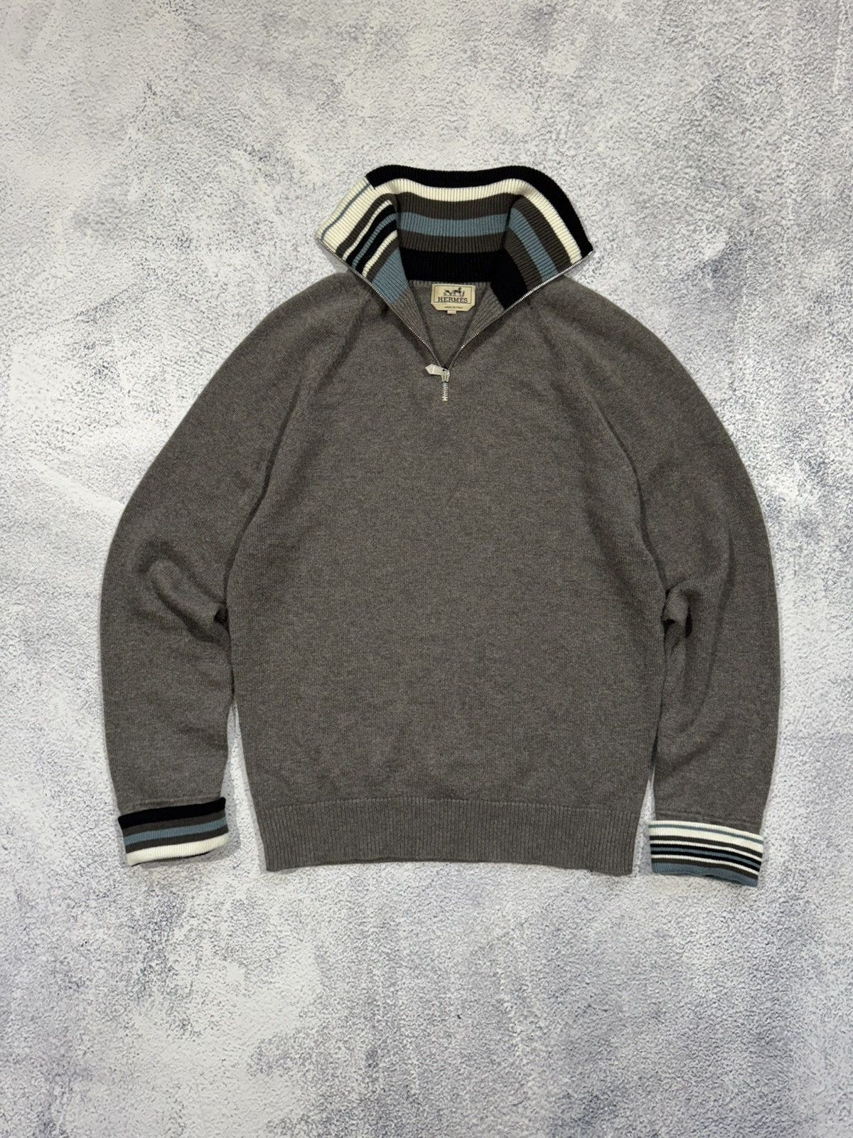 HERMES ダークグレー ジップアップセーター S Hermes Hermes quarter zip polo neck sweater men's XL 100% cashmere