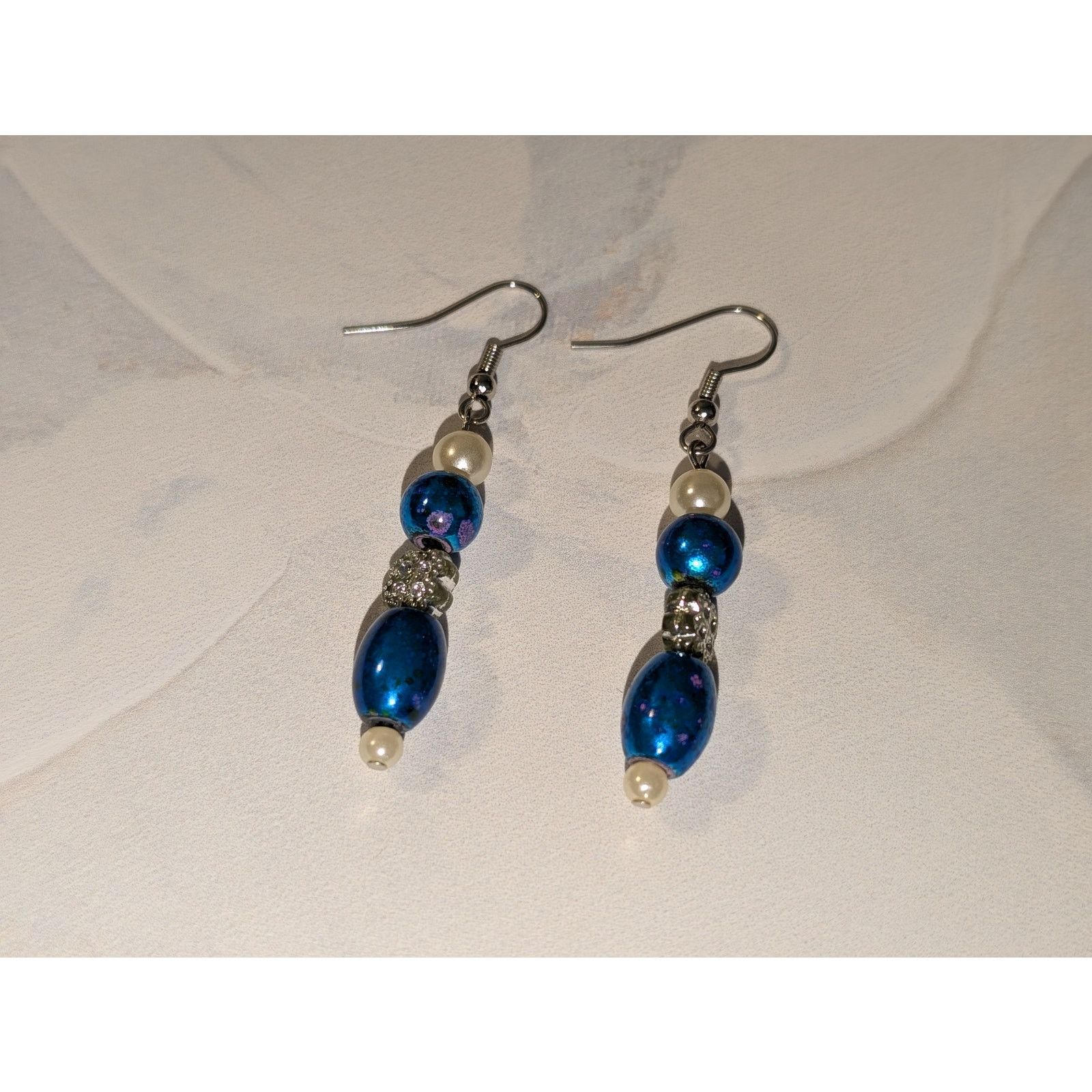 Vintage Vintage 1980s Blue Beaded Faux Pearl Flower Dangle Earrings Size ONE SIZE - 2 Thumbnail