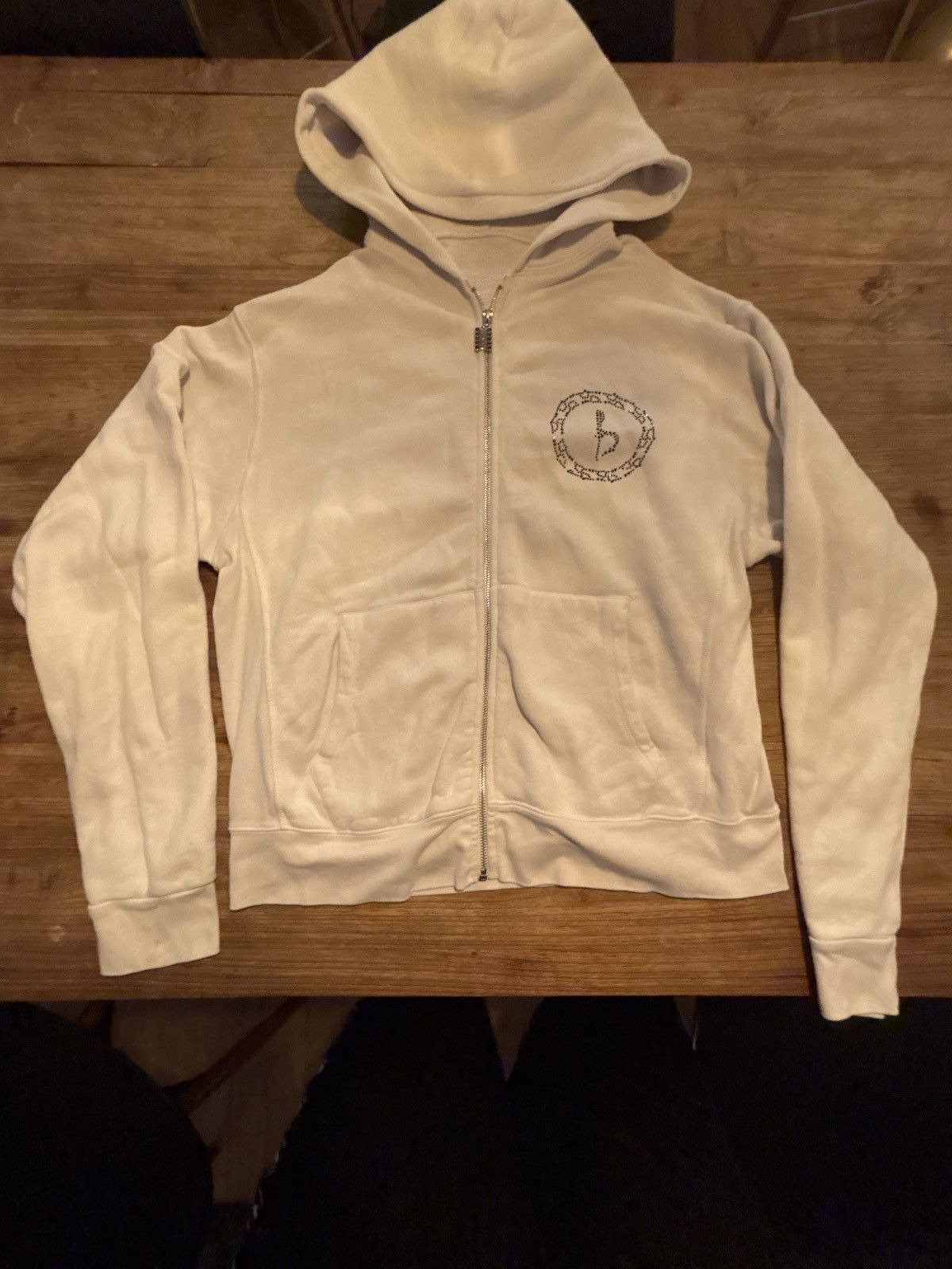 B.B. Simon Swarovski crystal emblem zip-up hoodie in white