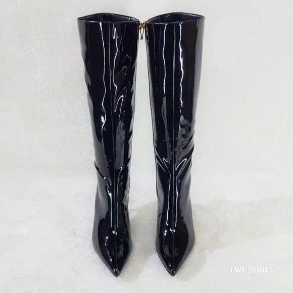 Other Static Shiny Black Patent Knee Boots 3" Kitten Heels (US Sho Size US 6.5 / IT 36.5 - 3 Thumbnail