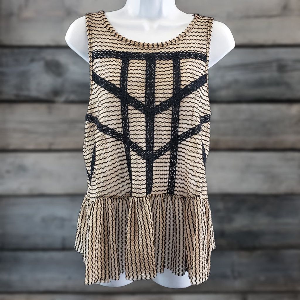 Free People Free People Womens Tank Top Sz S Lace Brown Black Striped Sleeveless Polyester Blend Velvet Lace Vintage No Size S / US 4 / IT 40 - 1 Thumbnail