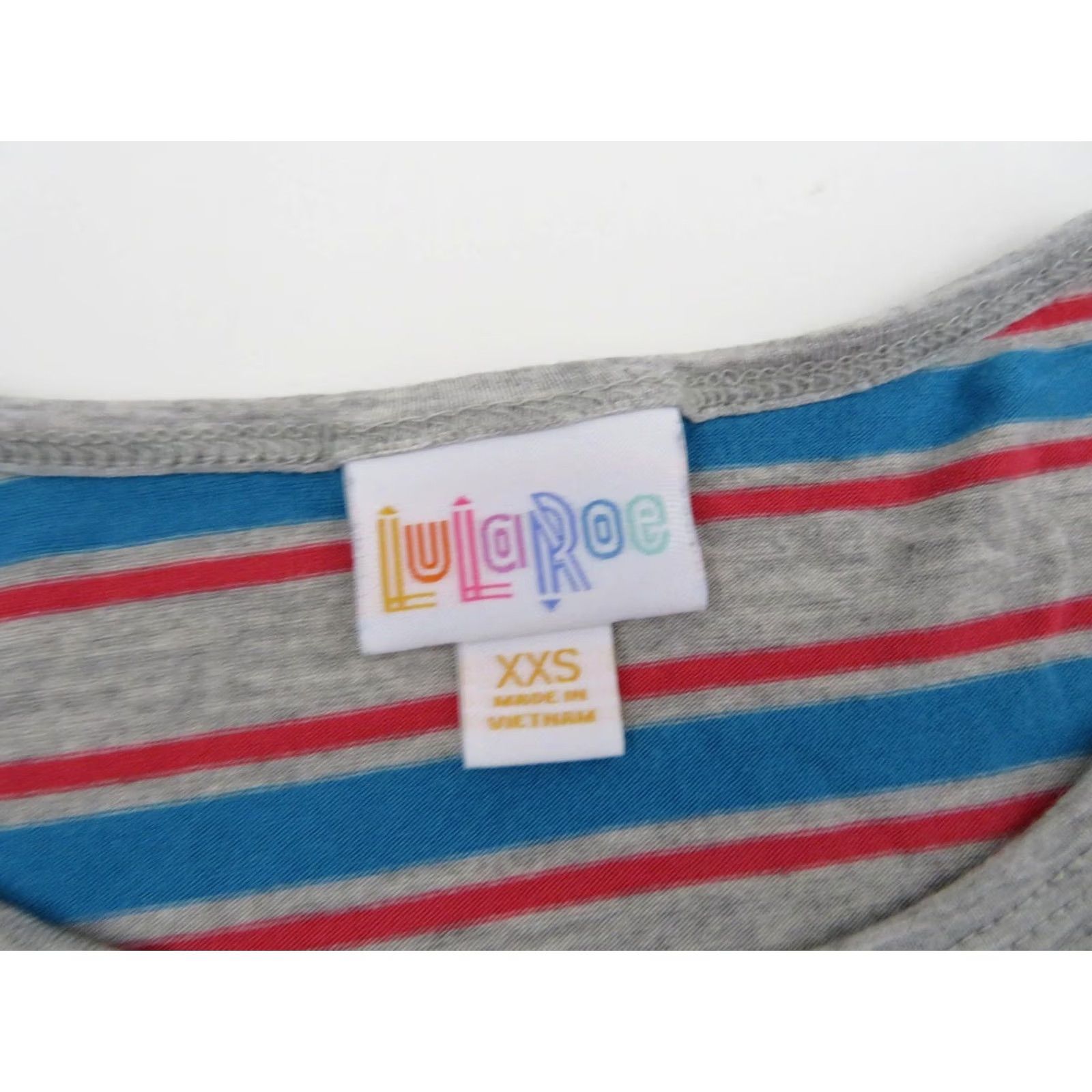 Vintage LuLaRoe Julia Dress Striped Bodycon XXS Gray Red Blue Knit Knee Length Dress Womens Small XS? Size XXS / US 00 / IT 34 - 4 Thumbnail