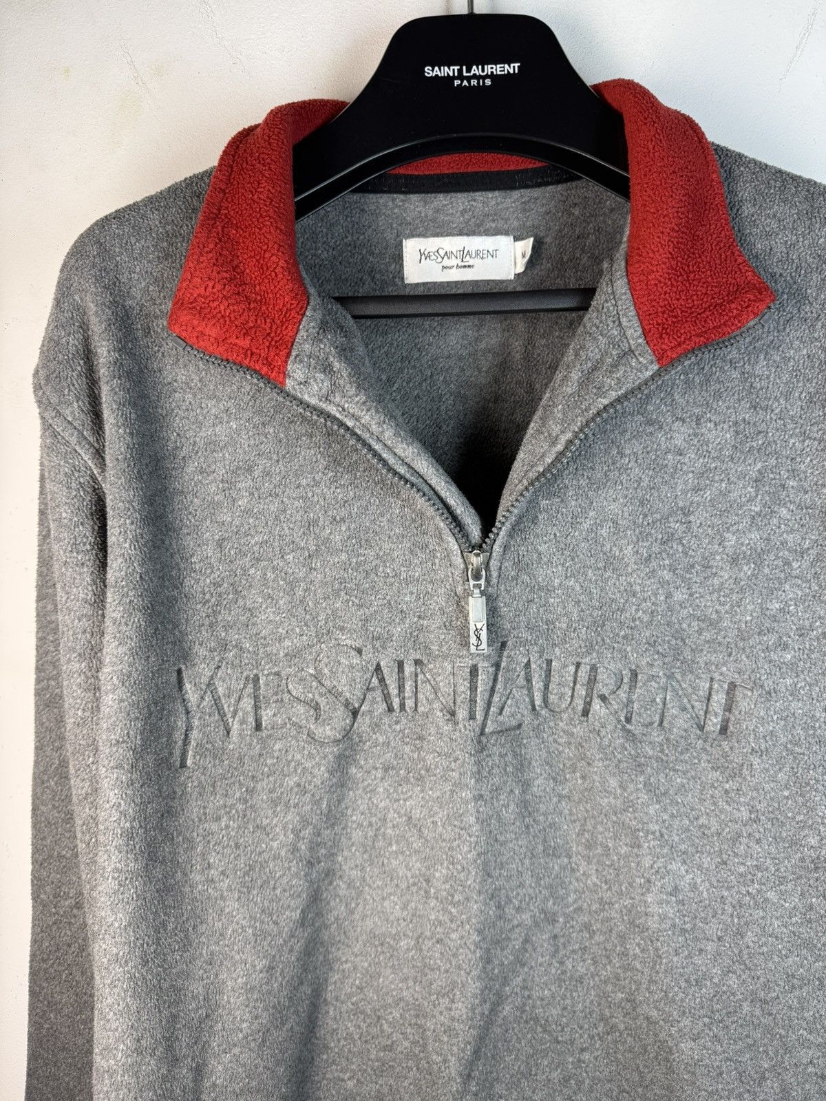 Yves Saint Laurent Fleece YSL Sweatshirt 1/4 Quarter Zip Big Logo Grey Vintage Size US M / EU 48-50 / 2 - 14 Thumbnail
