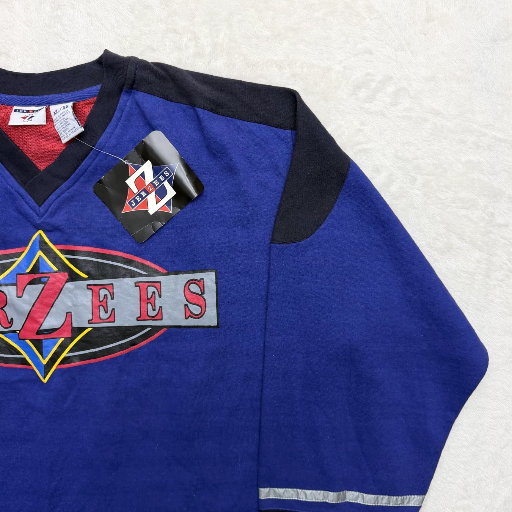 Jerzees VINTAGE Jerzees Shirt Mens XL Blue Long Sleeve V-Neck Hockey Jersey Graphic Logo Size US XL / EU 56 / 4 - 3 Thumbnail