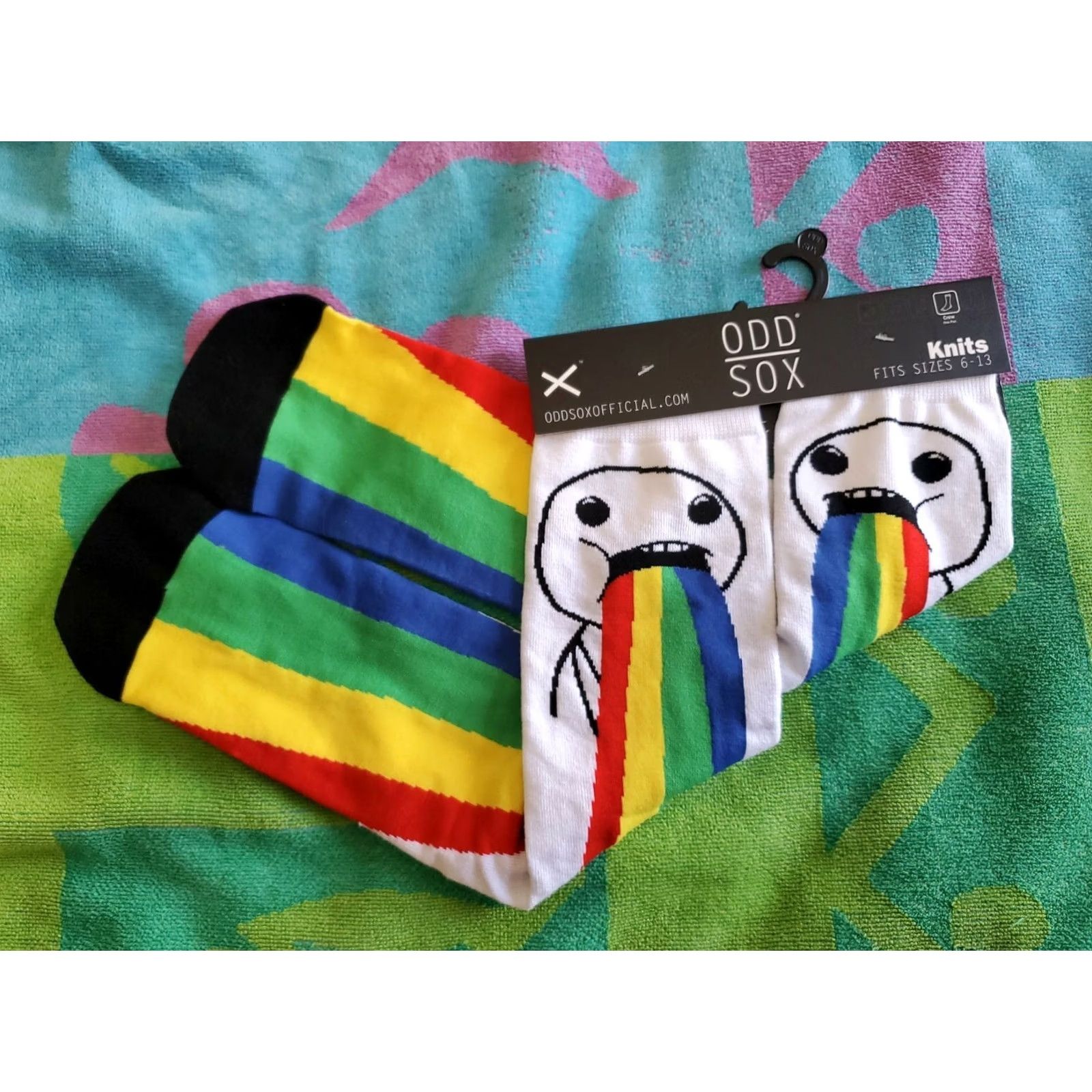 Rainbow ODD SOX Spewing Rainbow Crew Socks Mens 6-13 Multicolor Cotton Blend Be ODD Pattern Puking Rainbow 1 Pair Size ONE SIZE - 6 Thumbnail