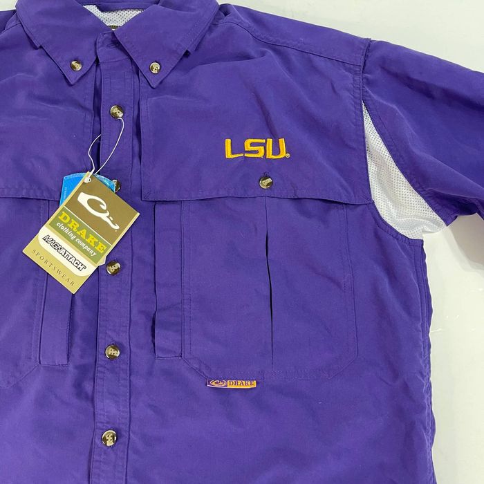 Drake Men's LSU Wingshooter Short Sleeve Shirt (Small, Purple)