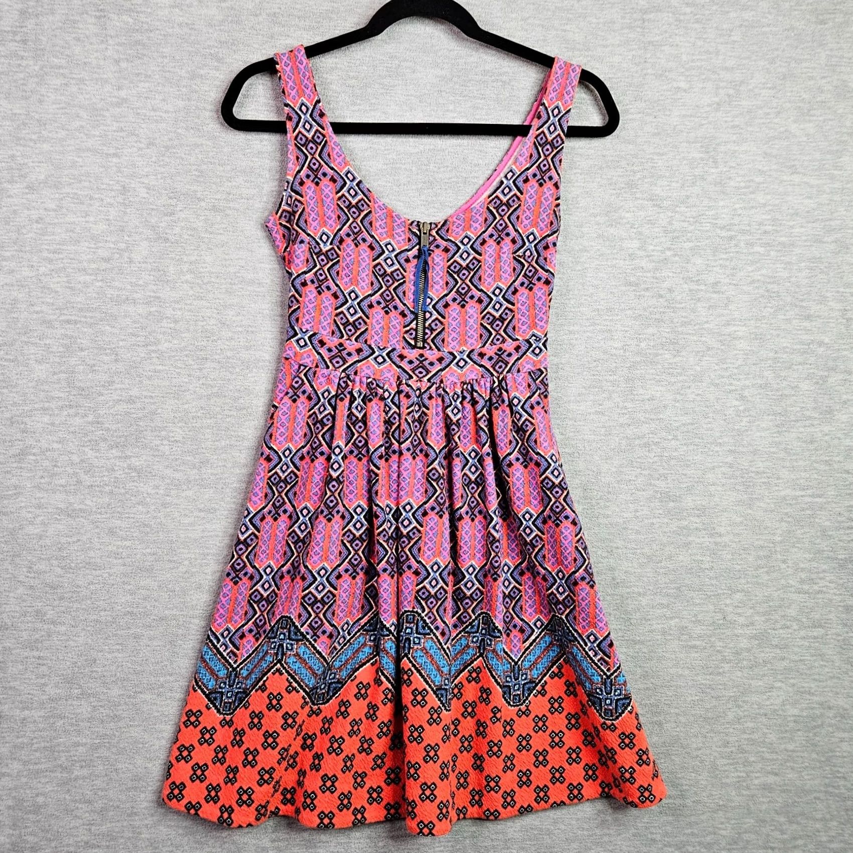 Anthropologie Maeve Anthropologie Womens 0P Sleeveless Fit Flare Dress Pink Blue Geometric Zip Dress Size XS / US 0-2 / IT 36-38 - 3 Thumbnail