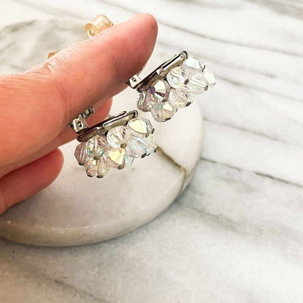Vintage Vintage Signed Hobe Earrings AB Crystal Faceted Bead Clip On Size ONE SIZE - 5 Thumbnail