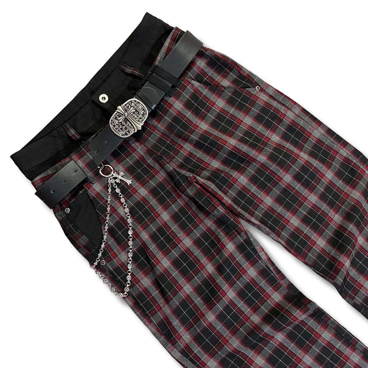 If Six Was Nine Japanese Brand Red Black Plaid Punk Trousers Zipper Pocket Size US 27 - 1 Thumbnail