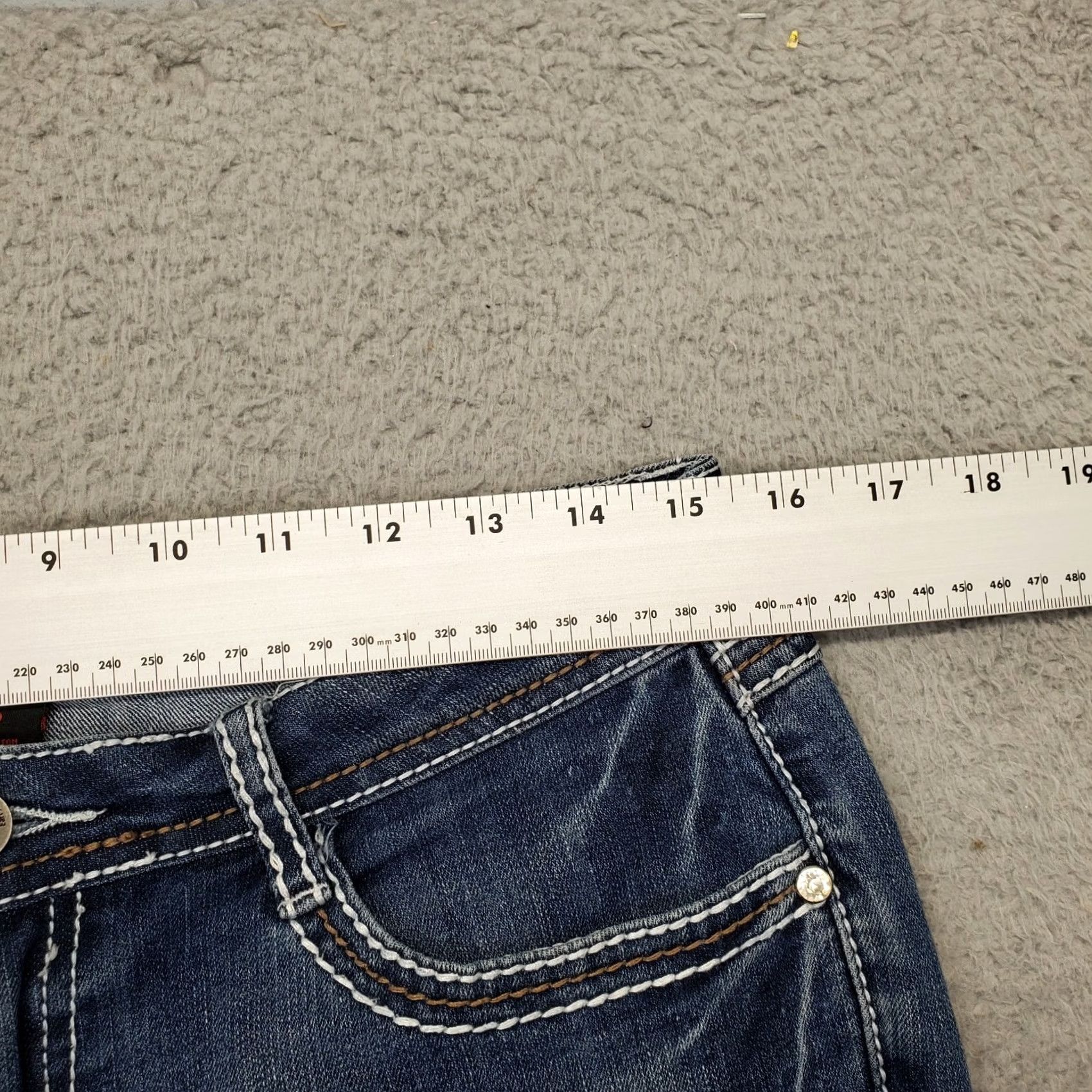 Vintage Earl Jeans Womens Bootcut Jeans 8P Blue Petites 5-Pocket Embroidered Beaded Thick Stitch Denim Size 30" / US 8 / IT 44 - 5 Thumbnail