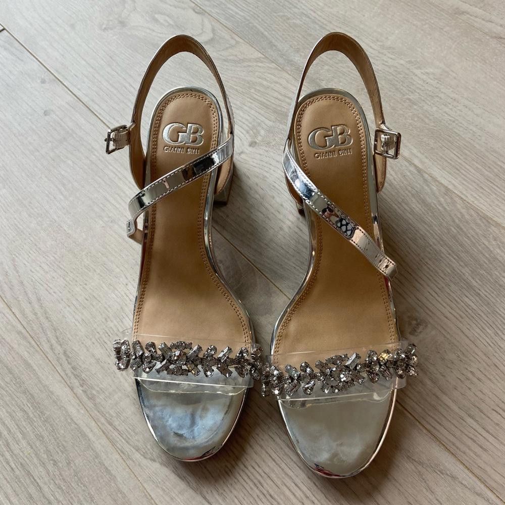 Designer Glamorous Silver Chunky Heels with Rhinestone Accents Size US 10 / IT 40 - 5 Thumbnail