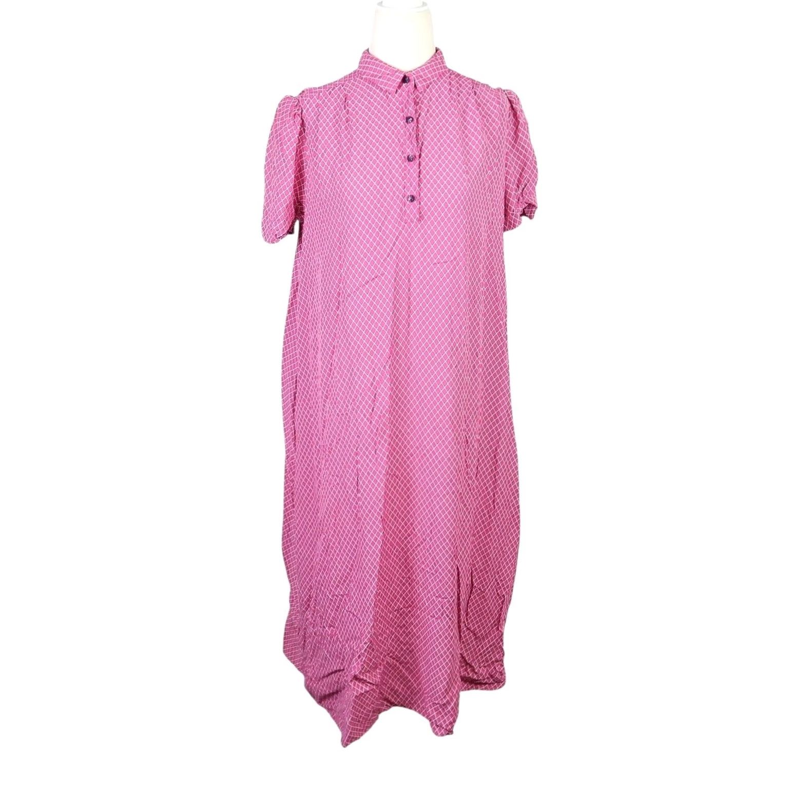 IWC Schaffhausen VINTAGE 80s Jane Schaffhausen Pink Grid Print Loose Midi Dress 8 Women Shirt Dress Short Puff Sleeve 80s Theme, Pink, Multi-Pattern Bath, Belle France Size M / US 6-8 / IT 42-44 - 2 Thumbnail