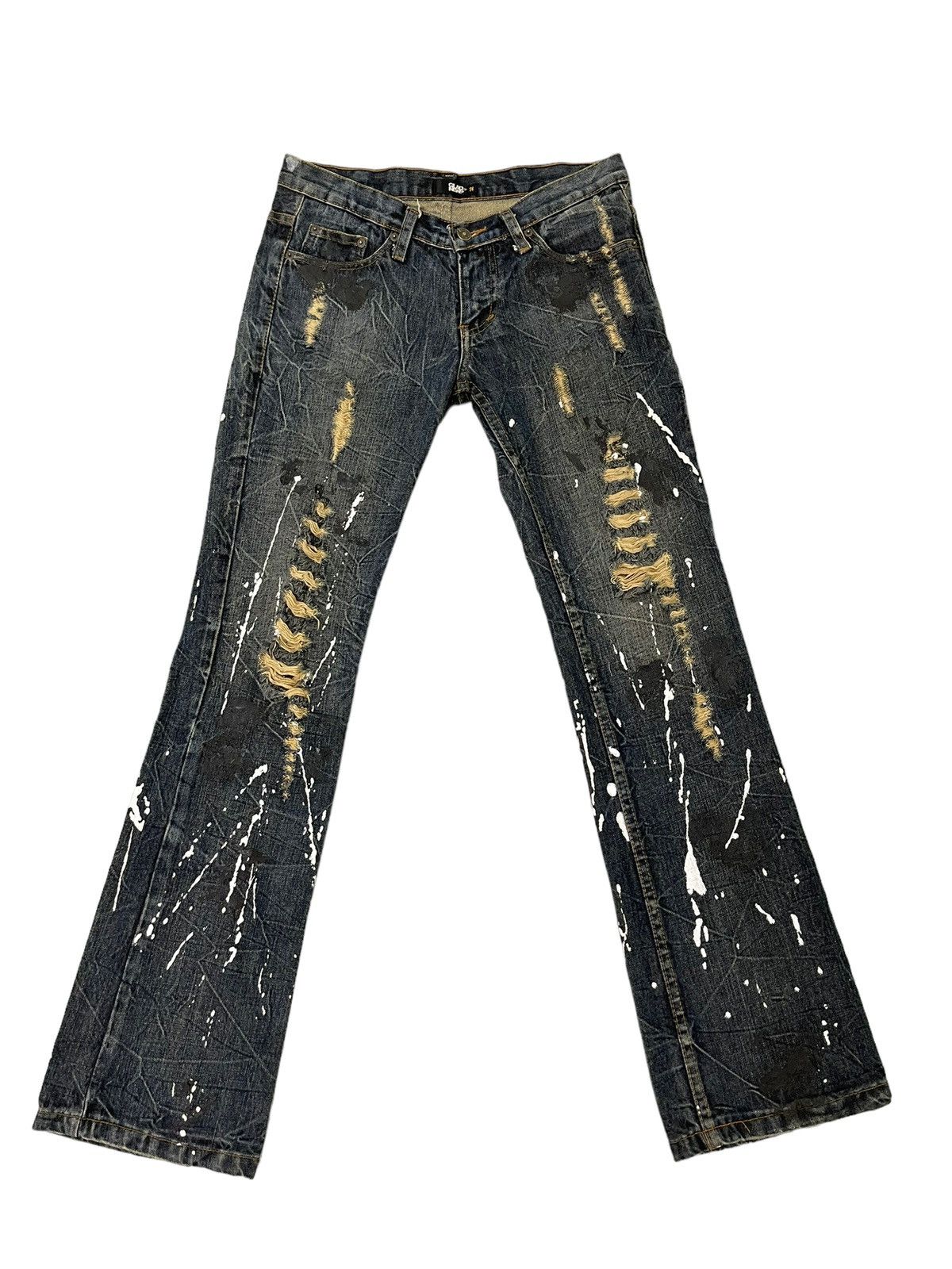 Japanese Brand Flare Jeans Glad News Distress Paint Splash Low Rise 7🟦4 Size US 32 / EU 48 - 2 Thumbnail