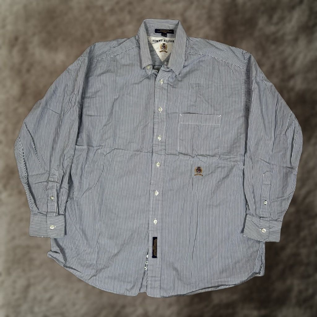 Tommy Hilfiger VINTAGE Tommy Hilfiger Button Up Long Sleeve Shirt 16.5 Crest Blue Stripe Men 90s Classic Retro Shirt Size US XL / EU 56 / 4 - 1 Thumbnail