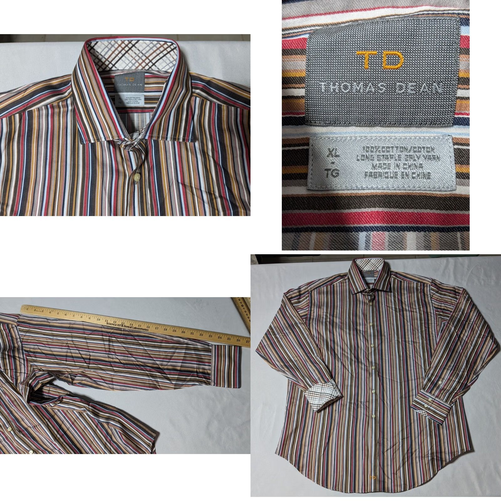 Vintage TD THOMAS DEAN Men Dress Shirt XL Brown Striped Button-Up Cotton NEW Size 46R - 9 Thumbnail