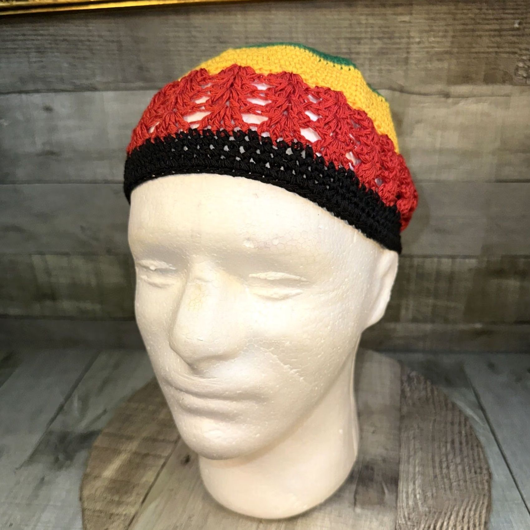 Vintage VINTAGE Handmade Rasta Crochet Beanie Hat Black Green Red Yellow Jamaica Reggae Cap Beanie Men One Size Size ONE SIZE - 3 Thumbnail