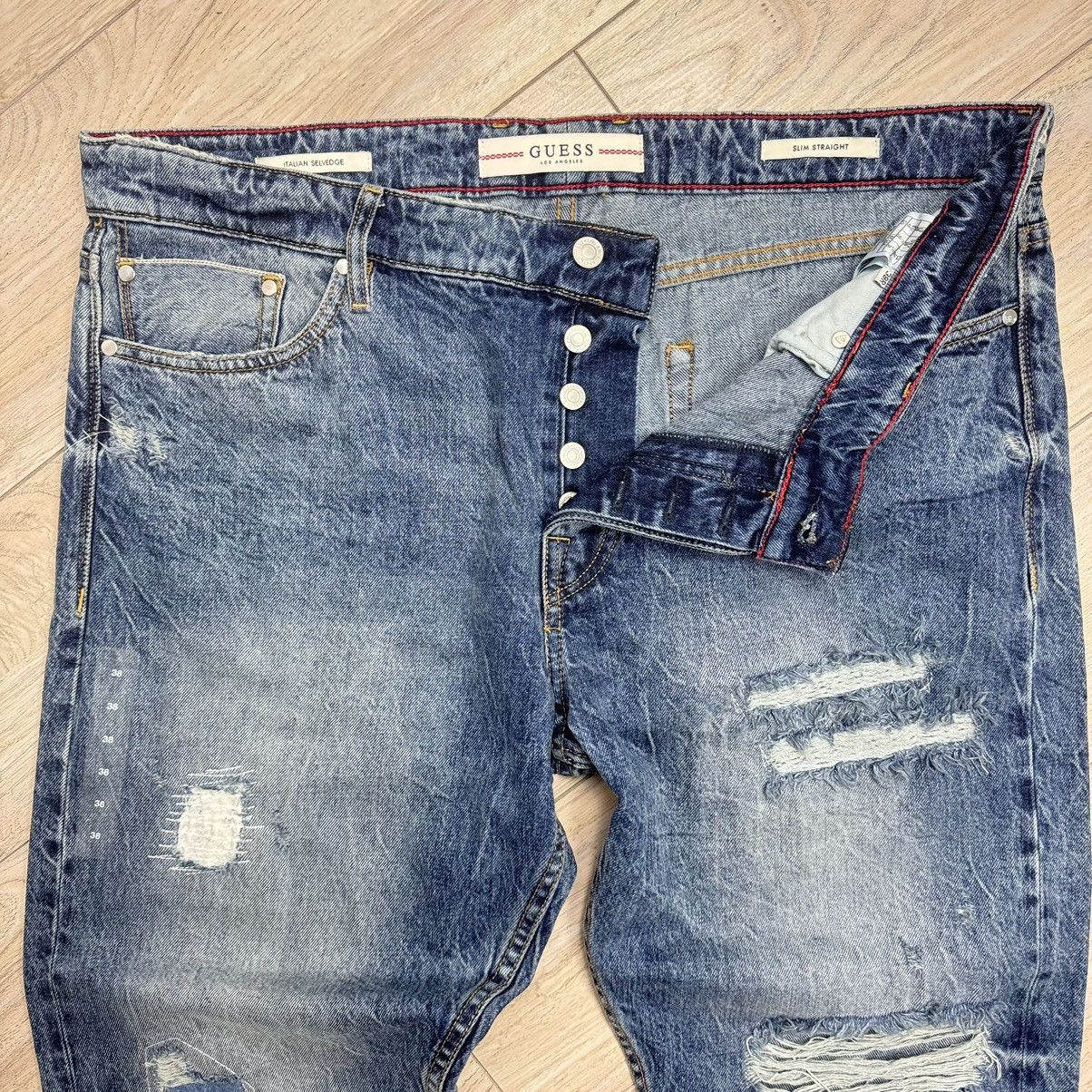 Designer Rare Guess Distressed Slim Italian Selvedge Denim Jeans Size US 38 / EU 54 - 7 Thumbnail
