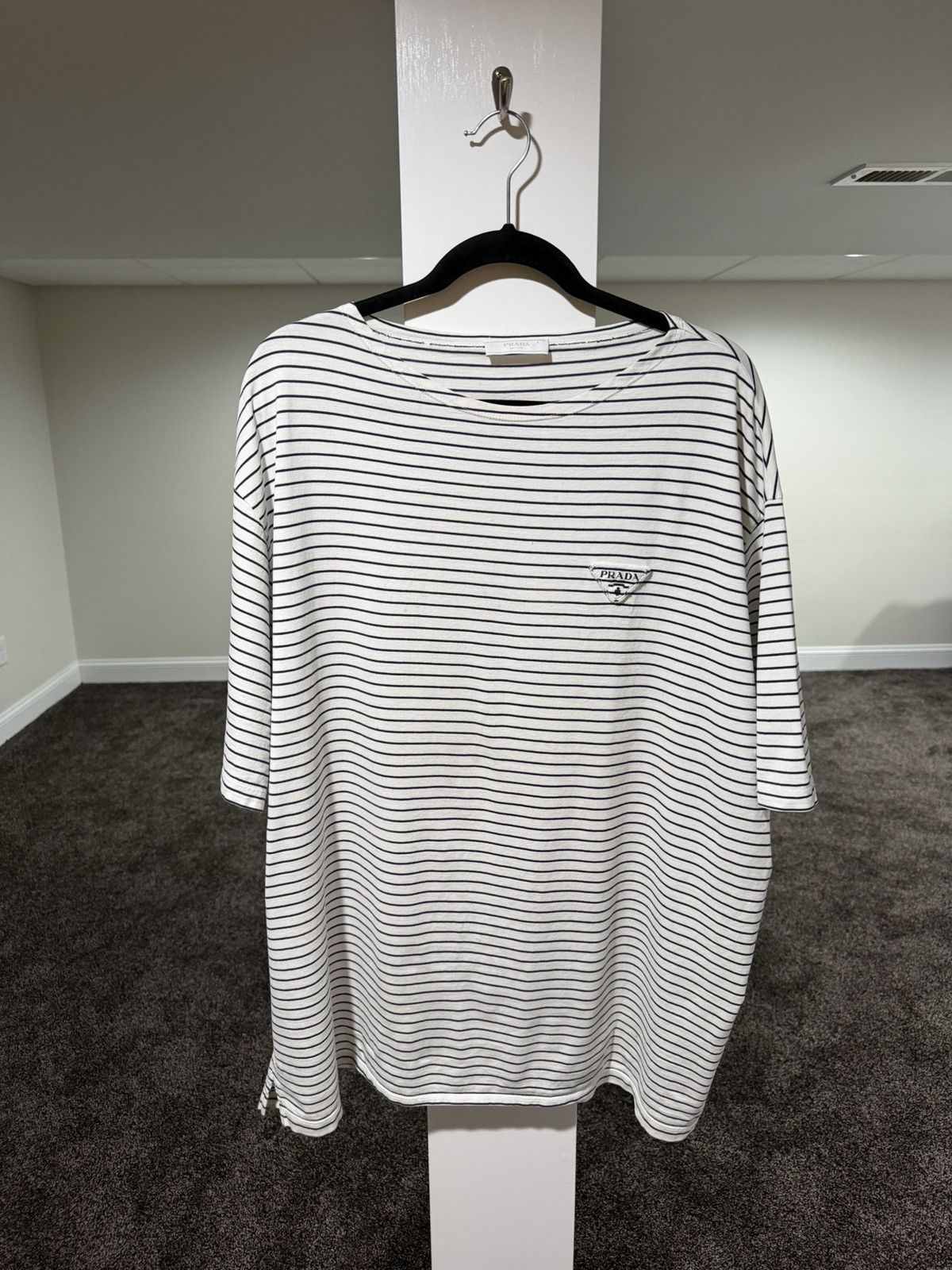 Prada Prada Striped Navy White Cotton Triangle Logo T-Shirt Size US XXL / EU 58 / 5 - 1 Thumbnail